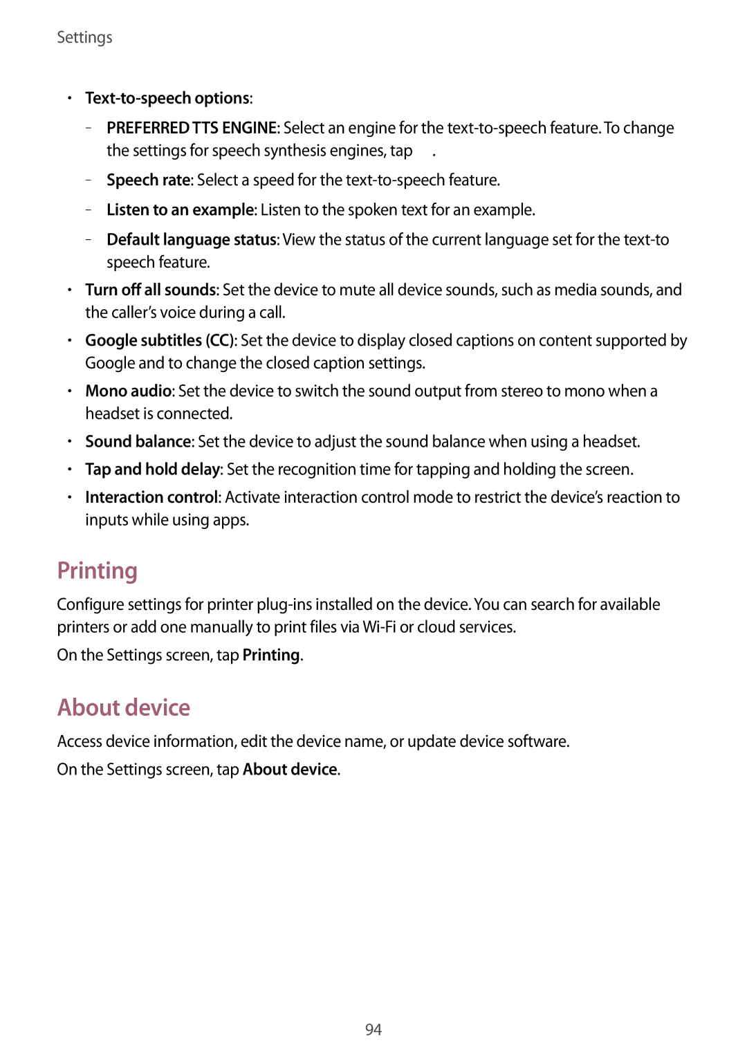 Samsung SM-G530FZAAKSA, SM-G530FZDAKSA, SM-G530FZWAKSA, SM-G530FZAAXSG manual Printing, About device, Text-to-speech options 