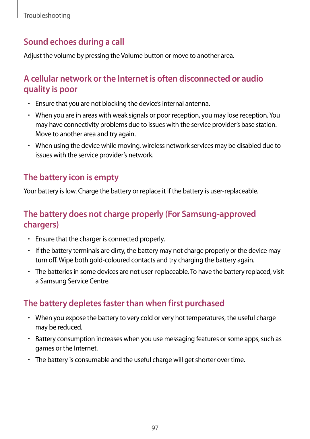 Samsung SM-G530FZAAILO, SM-G530FZDAKSA, SM-G530FZWAKSA, SM-G530FZAAXSG, SM-G530FZAAKSA manual Sound echoes during a call 