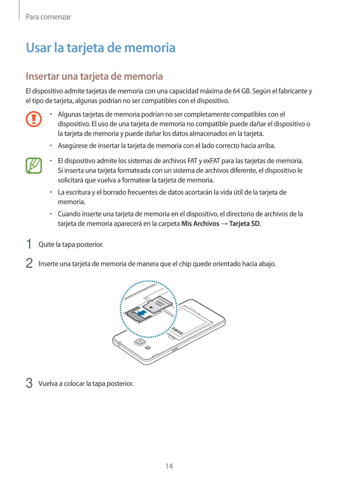 Samsung SM-G530FZAAXEC, SM-G530FZDAXEC, SM-G530FZWAPHE manual Usar la tarjeta de memoria, Insertar una tarjeta de memoria 