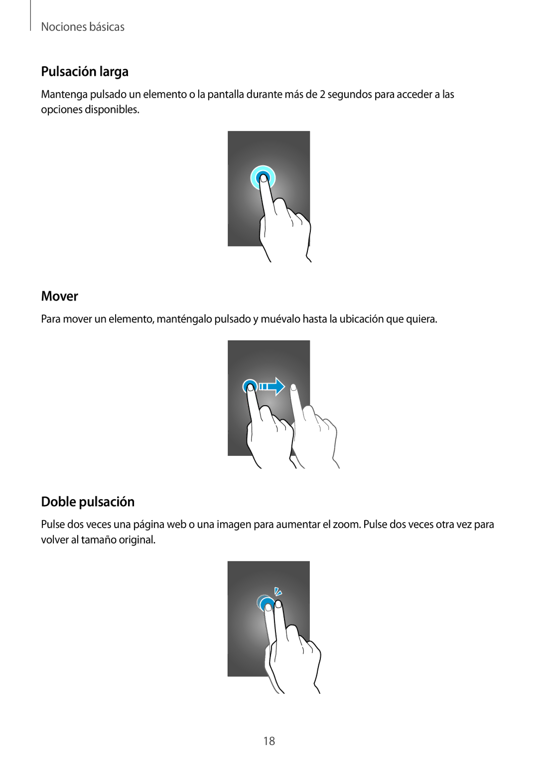 Samsung SM-G530FZDAXEC, SM-G530FZWAPHE, SM-G530FZAAXEC, SM-G530FZWAXEC manual Pulsación larga, Mover, Doble pulsación 