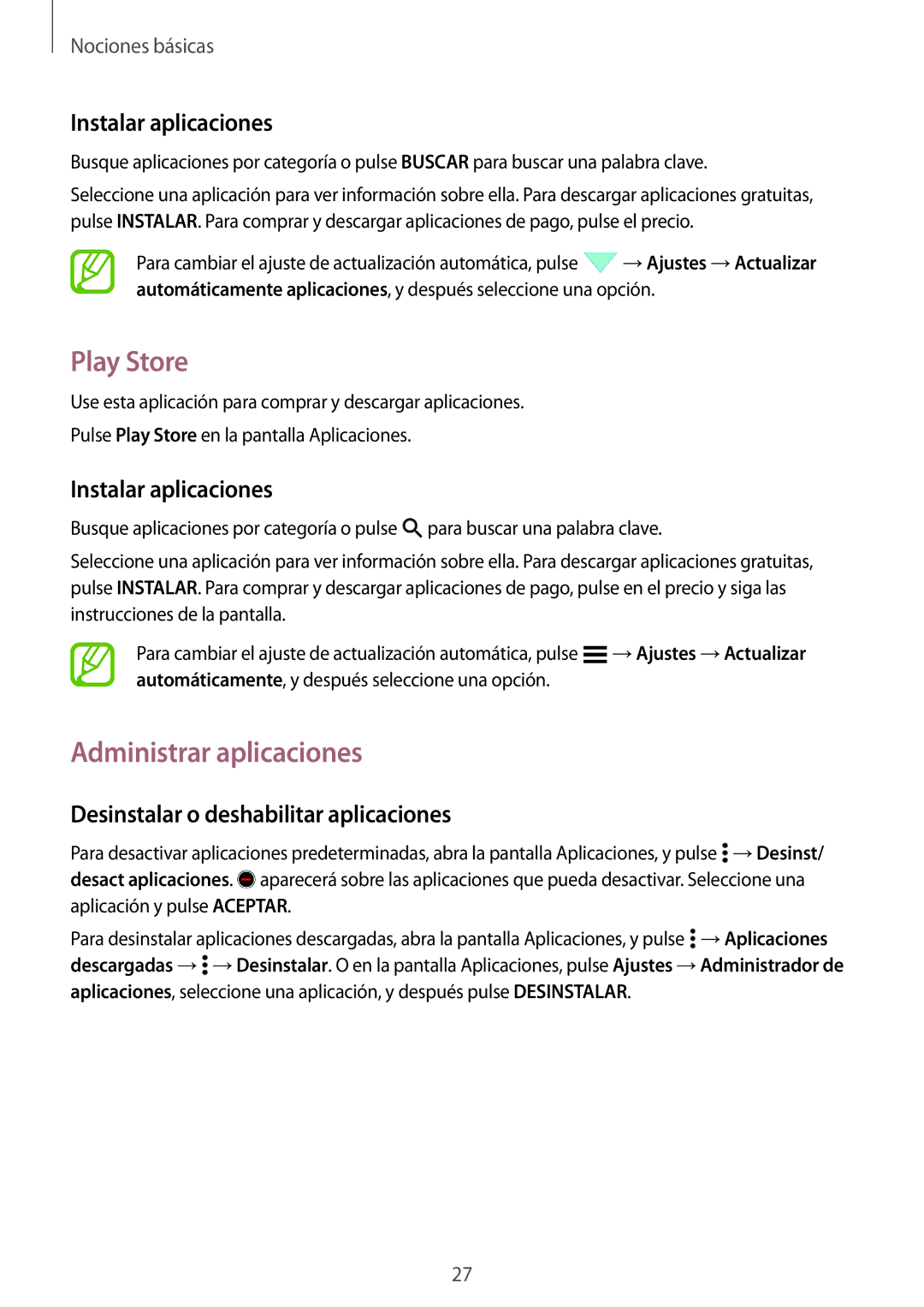 Samsung SM-G530FZWAXEC, SM-G530FZDAXEC, SM-G530FZWAPHE manual Play Store, Administrar aplicaciones, Instalar aplicaciones 