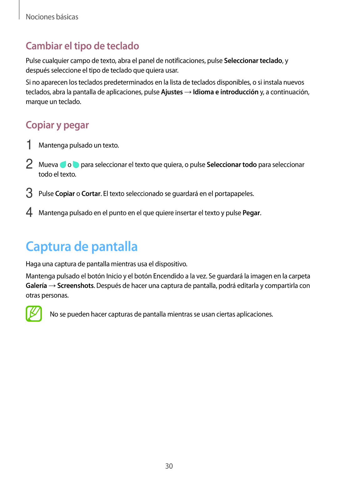 Samsung SM-G530FZDAXEC, SM-G530FZWAPHE, SM-G530FZAAXEC manual Captura de pantalla, Cambiar el tipo de teclado, Copiar y pegar 