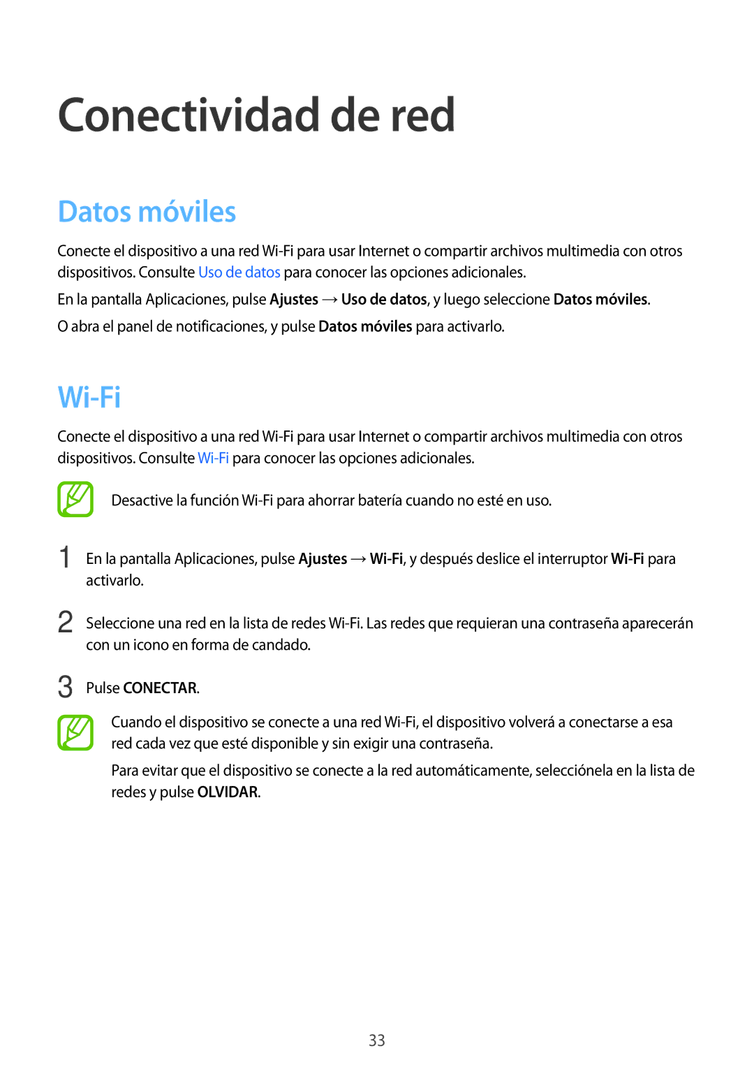 Samsung SM-G530FZWAXEC, SM-G530FZDAXEC, SM-G530FZWAPHE manual Conectividad de red, Datos móviles, Wi-Fi, Pulse Conectar 