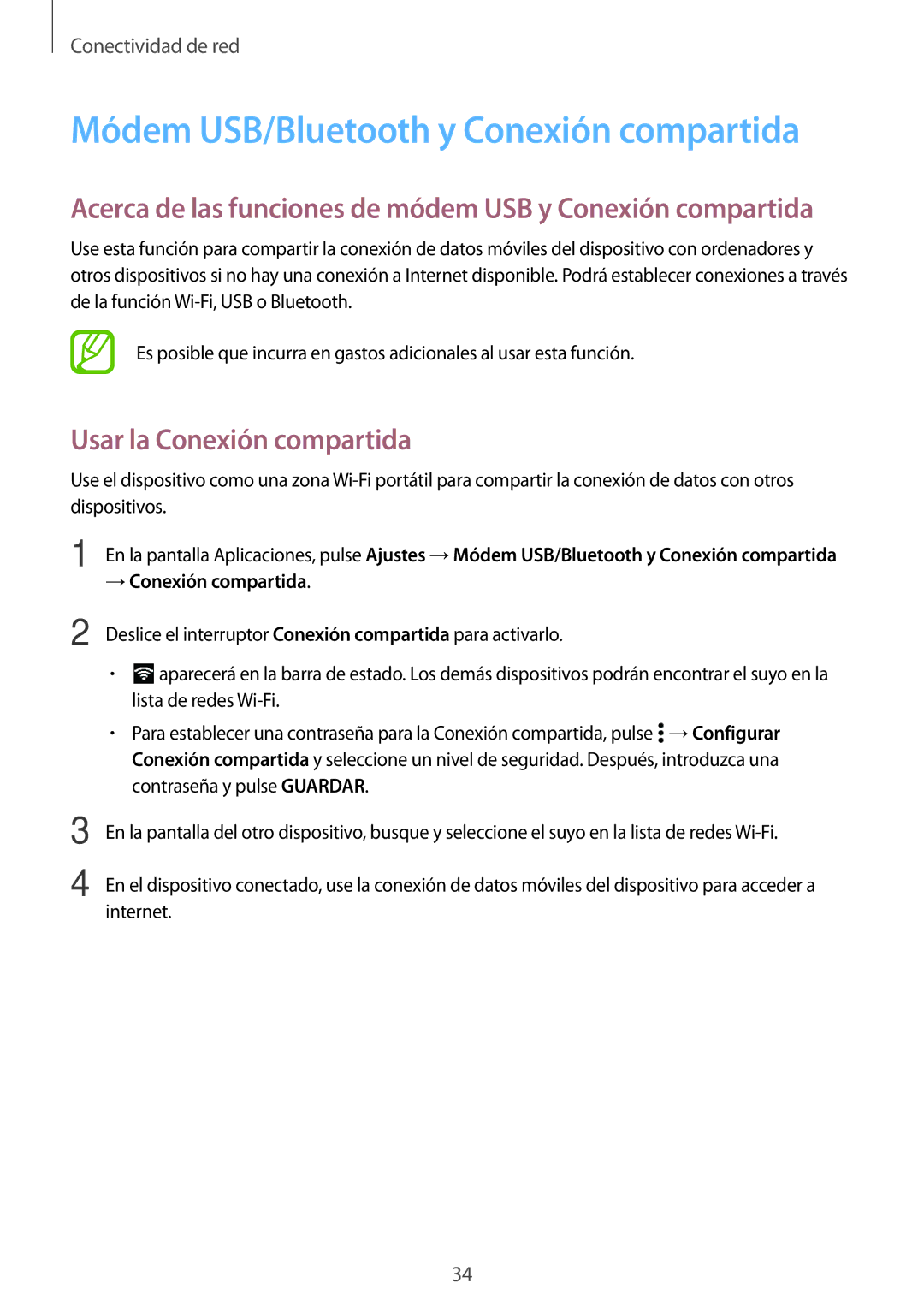 Samsung SM-G530FZDAPHE, SM-G530FZDAXEC manual Módem USB/Bluetooth y Conexión compartida, Usar la Conexión compartida 