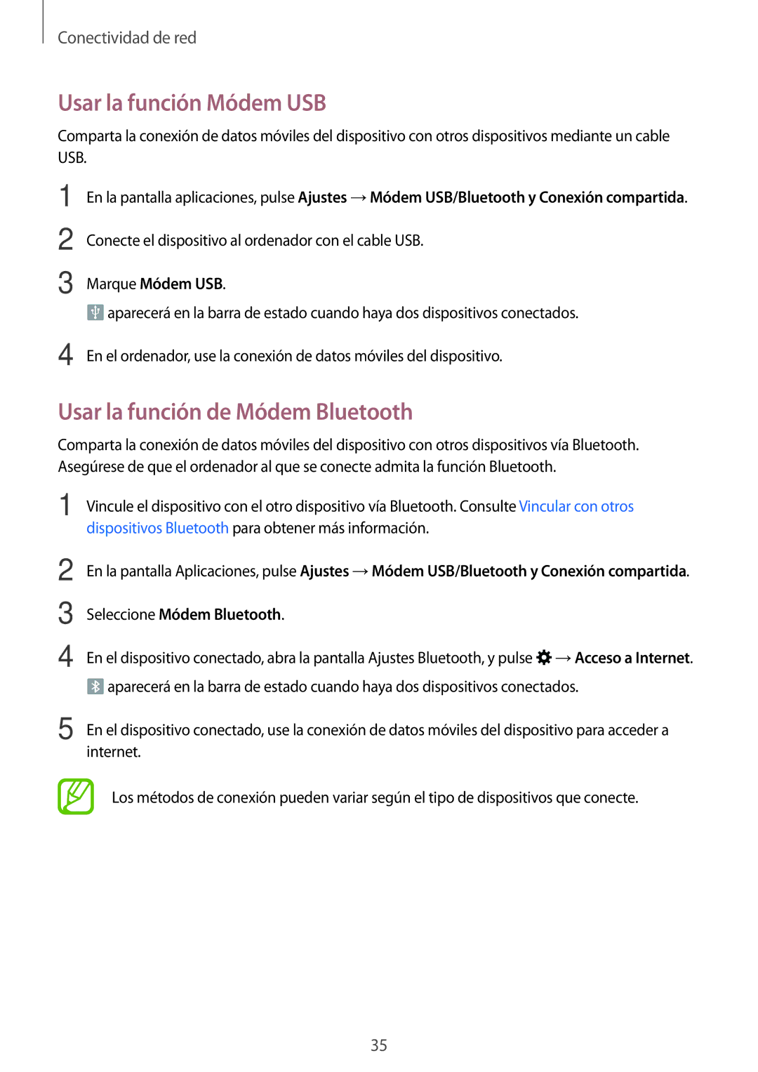 Samsung SM-G530FZAAPHE, SM-G530FZDAXEC Usar la función Módem USB, Usar la función de Módem Bluetooth, Marque Módem USB 