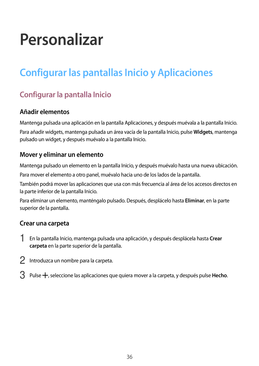 Samsung SM-G530FZDAXEC manual Personalizar, Configurar las pantallas Inicio y Aplicaciones, Configurar la pantalla Inicio 