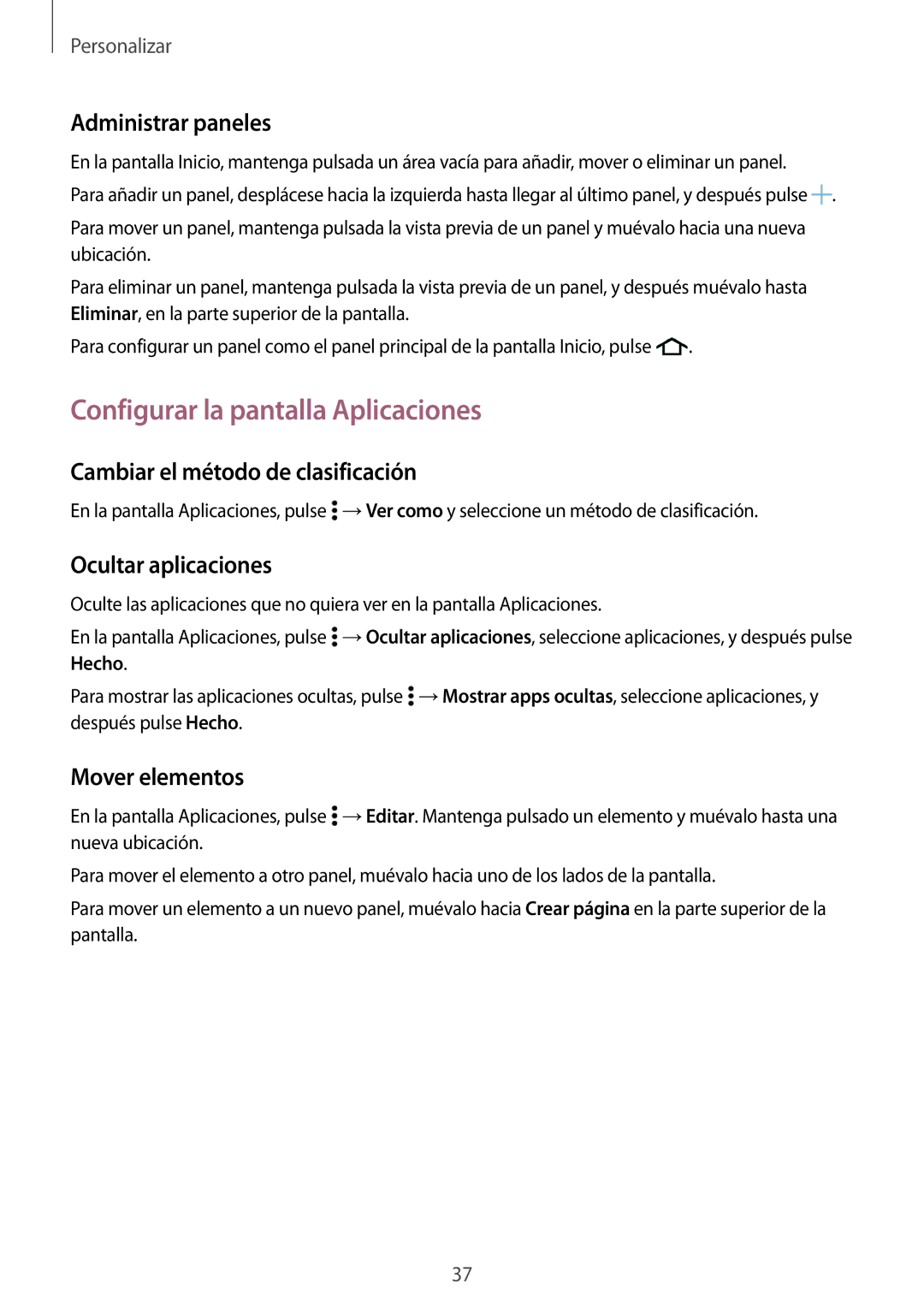 Samsung SM-G530FZWAPHE manual Configurar la pantalla Aplicaciones, Administrar paneles, Cambiar el método de clasificación 