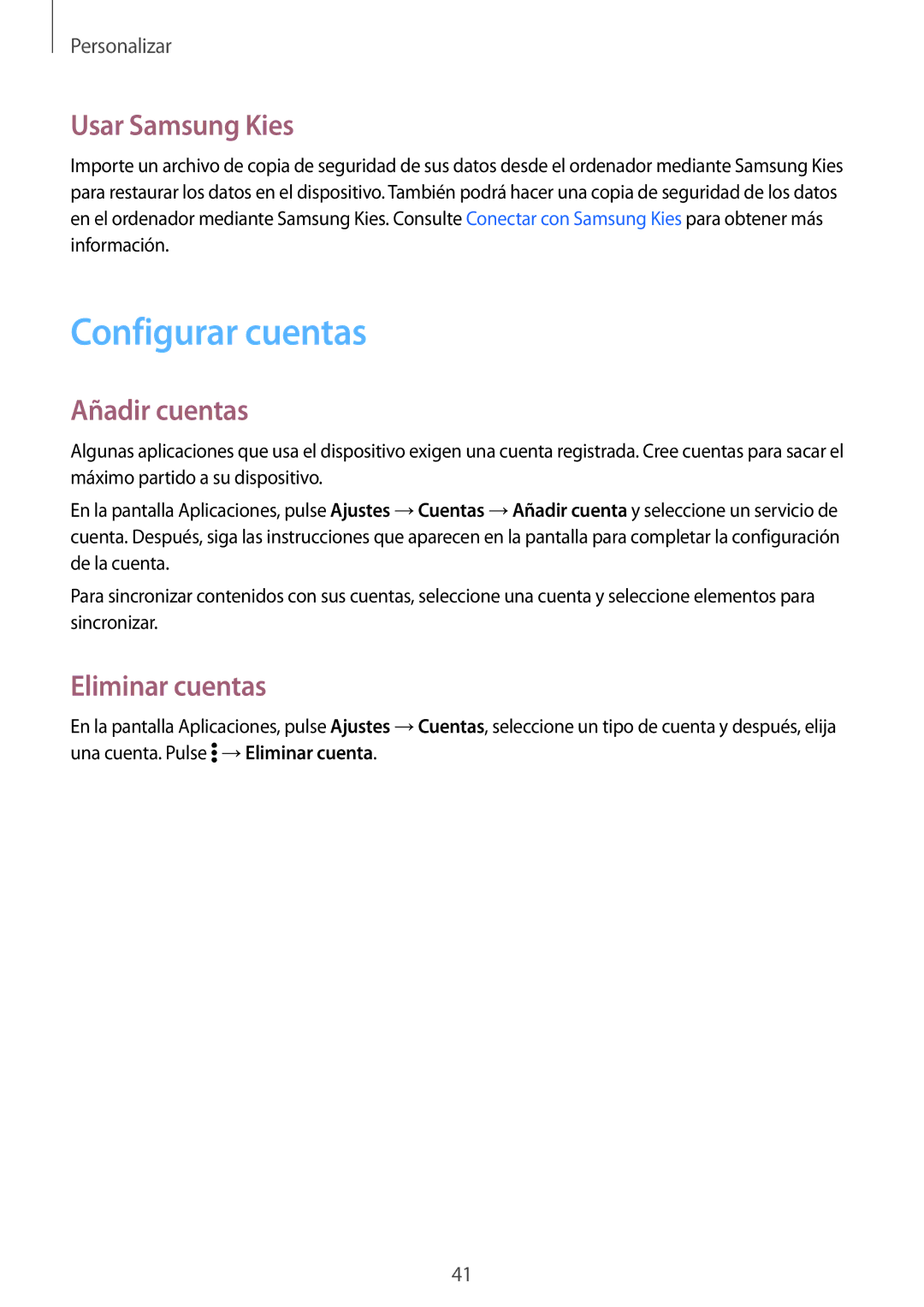 Samsung SM-G530FZAAPHE, SM-G530FZDAXEC manual Configurar cuentas, Usar Samsung Kies, Añadir cuentas, Eliminar cuentas 