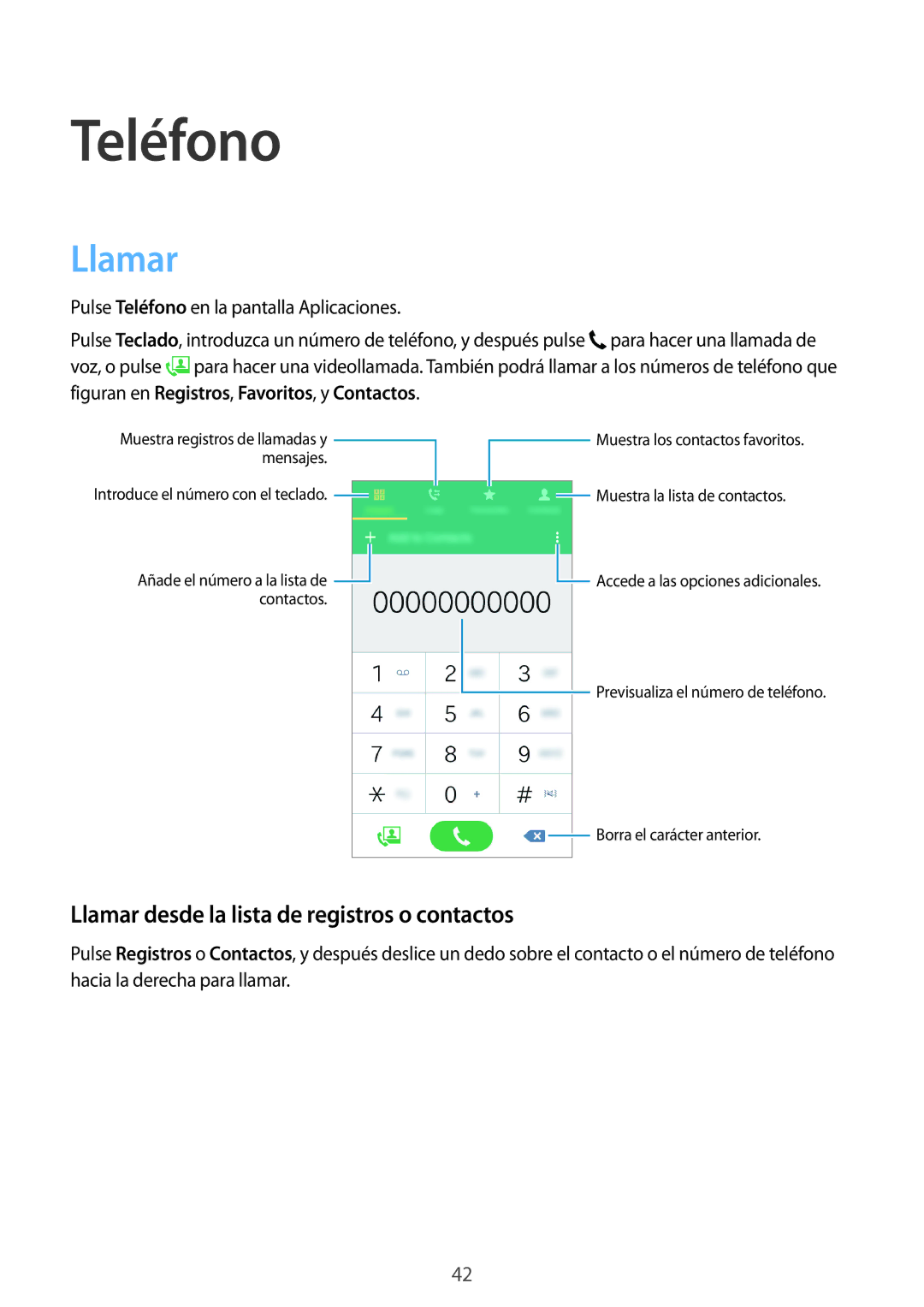 Samsung SM-G530FZDAXEC, SM-G530FZWAPHE, SM-G530FZAAXEC manual Teléfono, Llamar desde la lista de registros o contactos 