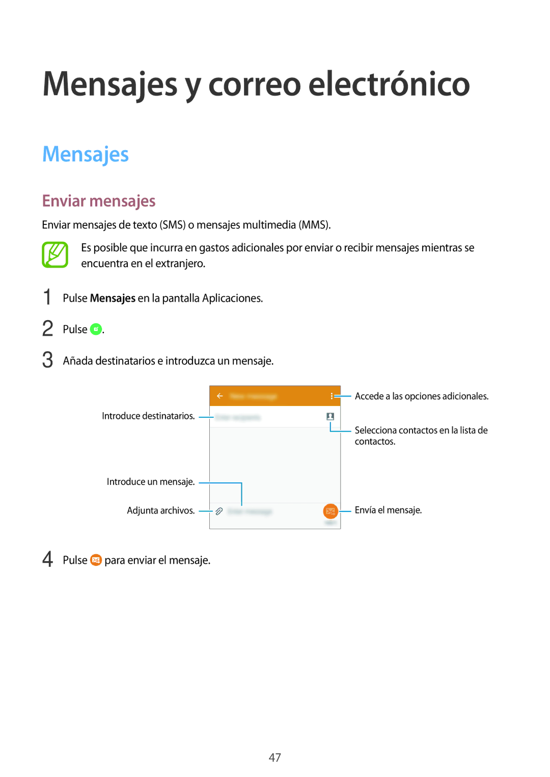 Samsung SM-G530FZAAPHE, SM-G530FZDAXEC, SM-G530FZWAPHE, SM-G530FZAAXEC, SM-G530FZWAXEC manual Mensajes, Enviar mensajes 