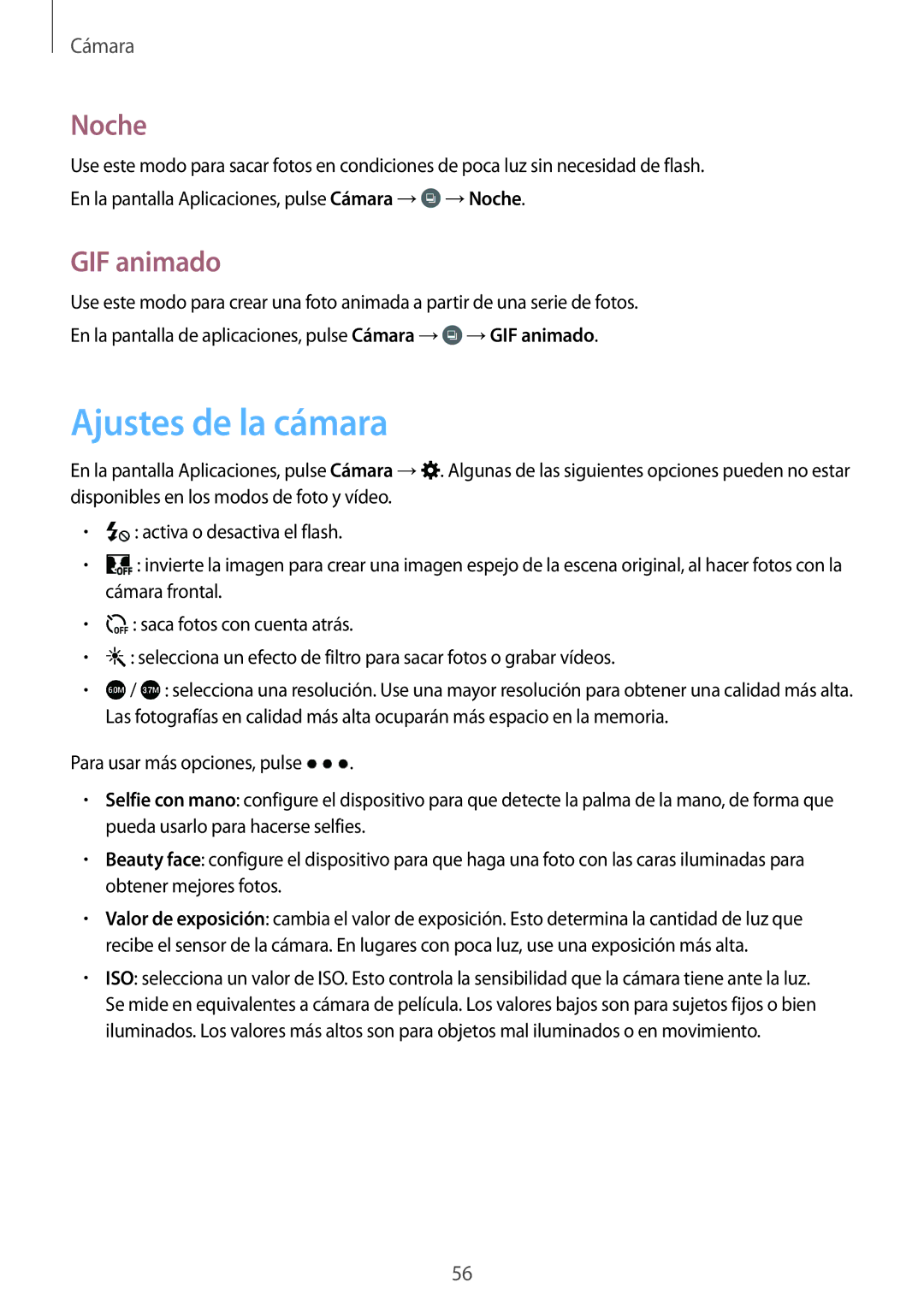 Samsung SM-G530FZAAXEC, SM-G530FZDAXEC, SM-G530FZWAPHE, SM-G530FZWAXEC manual Ajustes de la cámara, Noche, GIF animado 