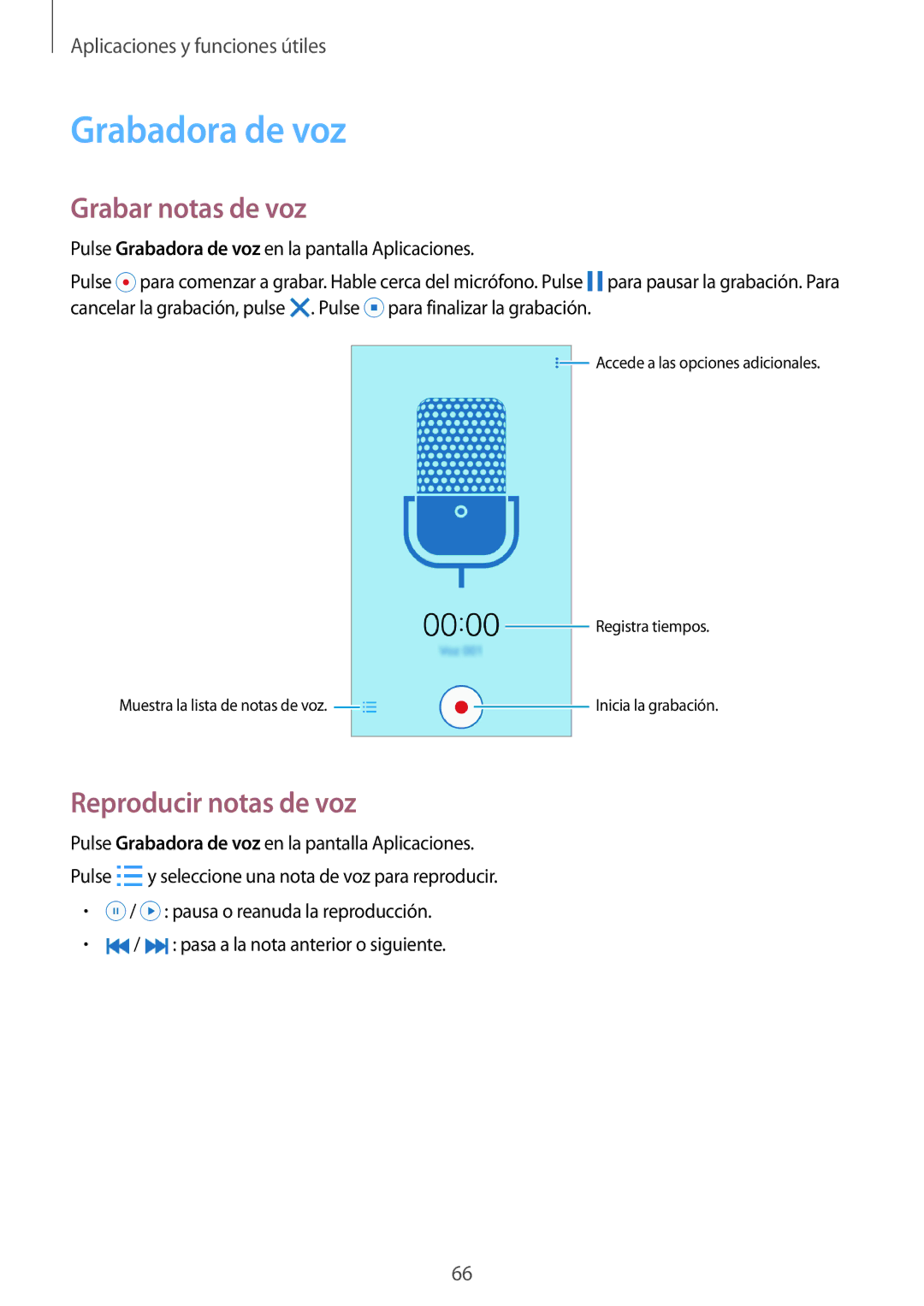 Samsung SM-G530FZDAXEC, SM-G530FZWAPHE, SM-G530FZAAXEC manual Grabadora de voz, Grabar notas de voz, Reproducir notas de voz 