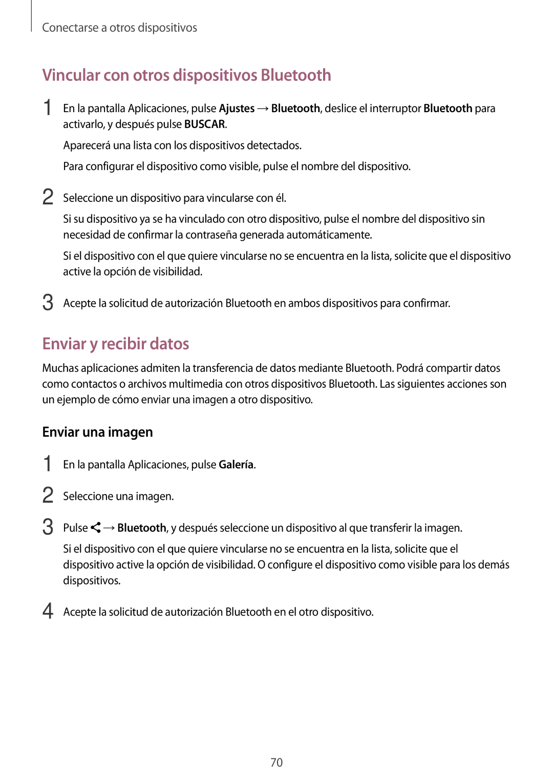 Samsung SM-G530FZDAPHE manual Vincular con otros dispositivos Bluetooth, Enviar y recibir datos, Enviar una imagen 