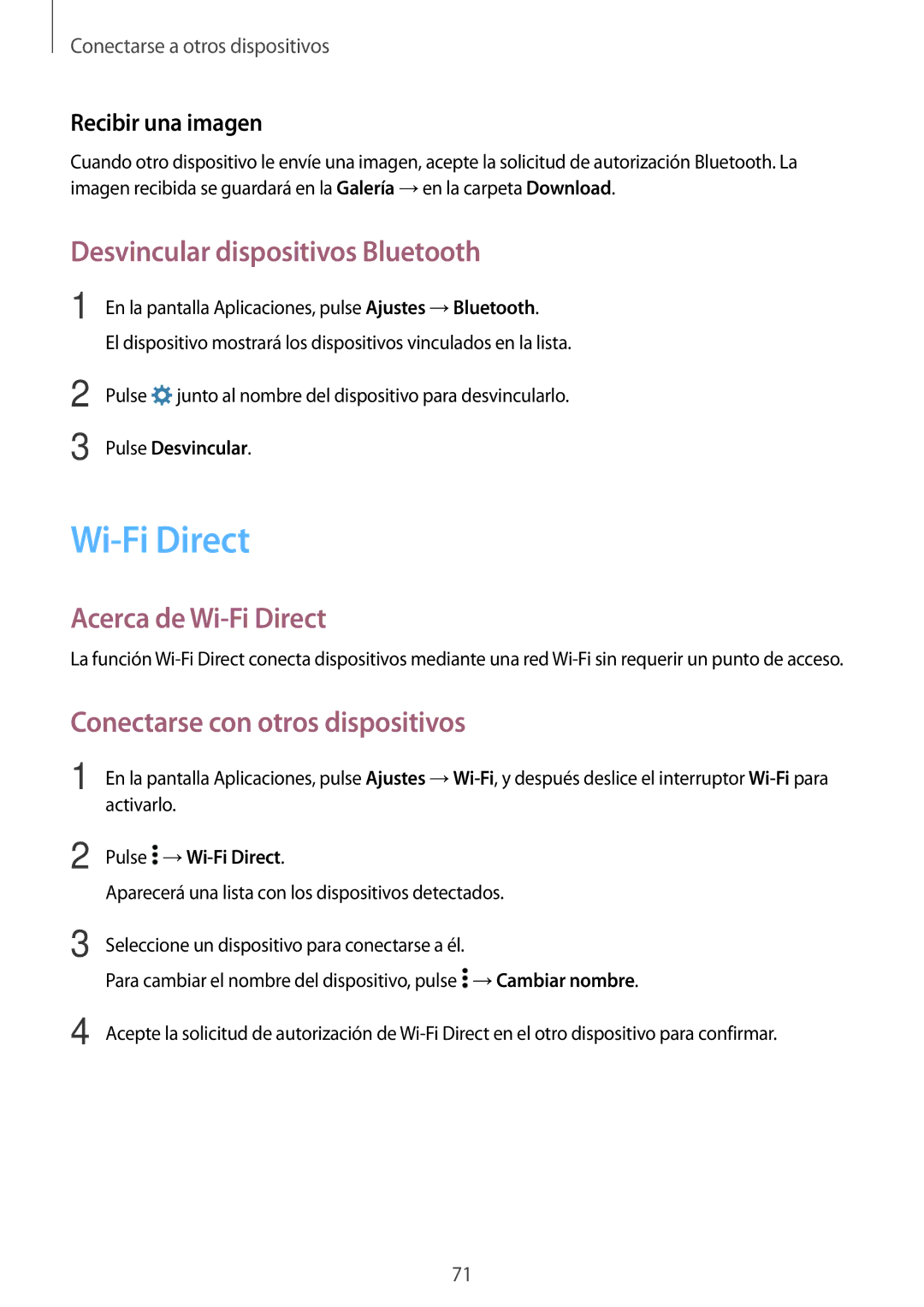 Samsung SM-G530FZAAPHE Desvincular dispositivos Bluetooth, Acerca de Wi-Fi Direct, Conectarse con otros dispositivos 