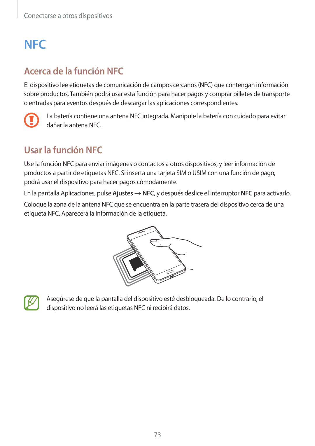 Samsung SM-G530FZWAPHE, SM-G530FZDAXEC, SM-G530FZAAXEC, SM-G530FZWAXEC manual Acerca de la función NFC, Usar la función NFC 