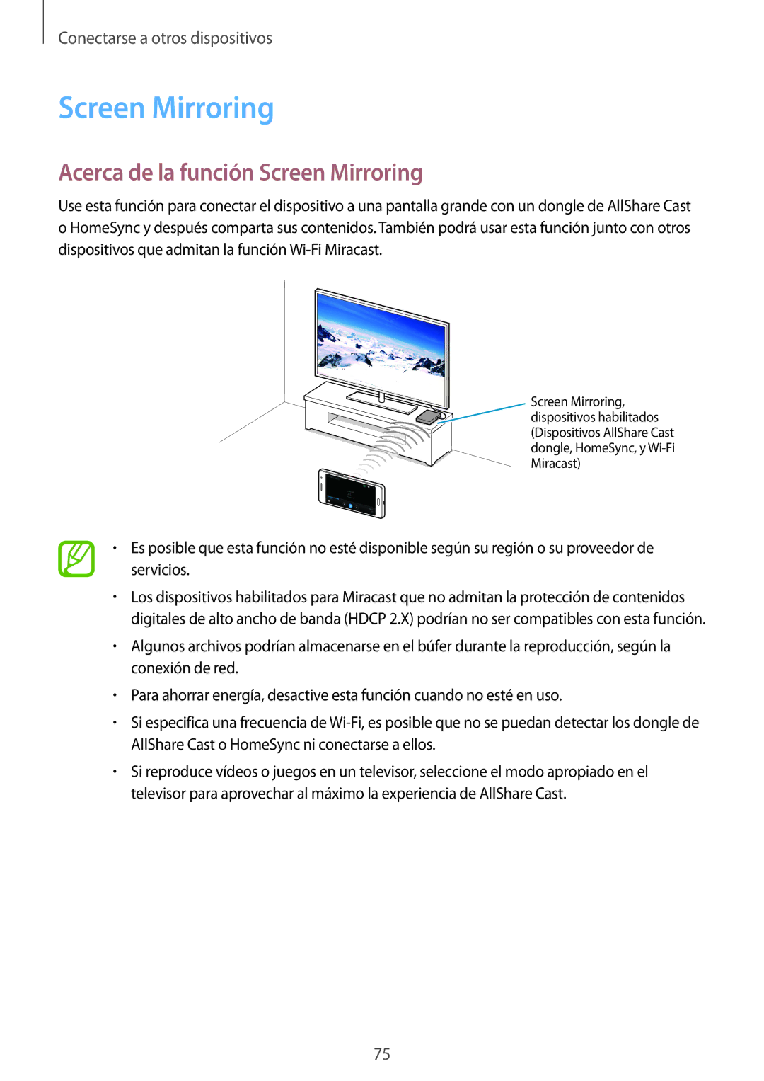 Samsung SM-G530FZWAXEC, SM-G530FZDAXEC, SM-G530FZWAPHE, SM-G530FZAAXEC manual Acerca de la función Screen Mirroring 