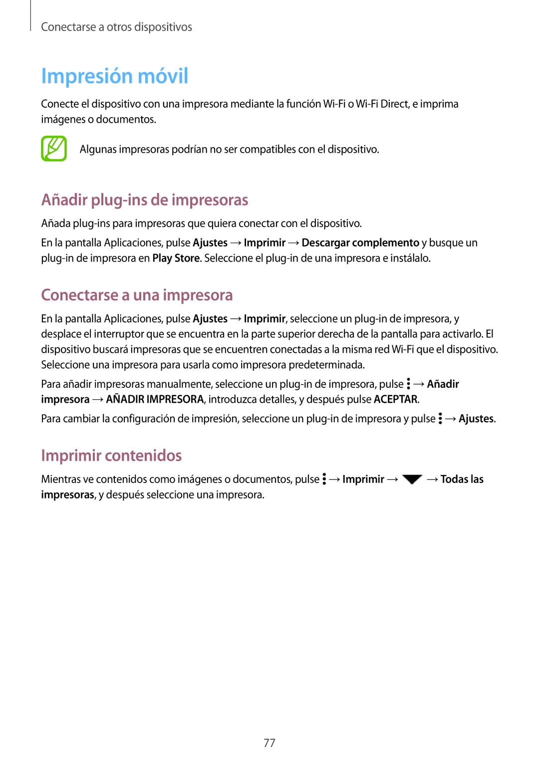 Samsung SM-G530FZAAPHE Impresión móvil, Añadir plug-ins de impresoras, Conectarse a una impresora, Imprimir contenidos 