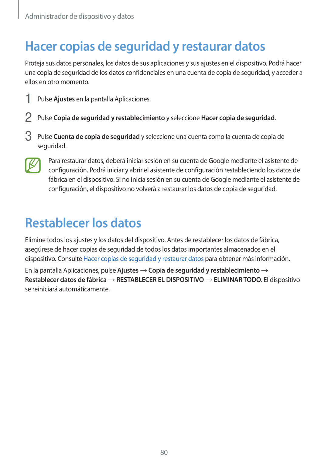 Samsung SM-G530FZAAXEC, SM-G530FZDAXEC, SM-G530FZWAPHE Hacer copias de seguridad y restaurar datos, Restablecer los datos 