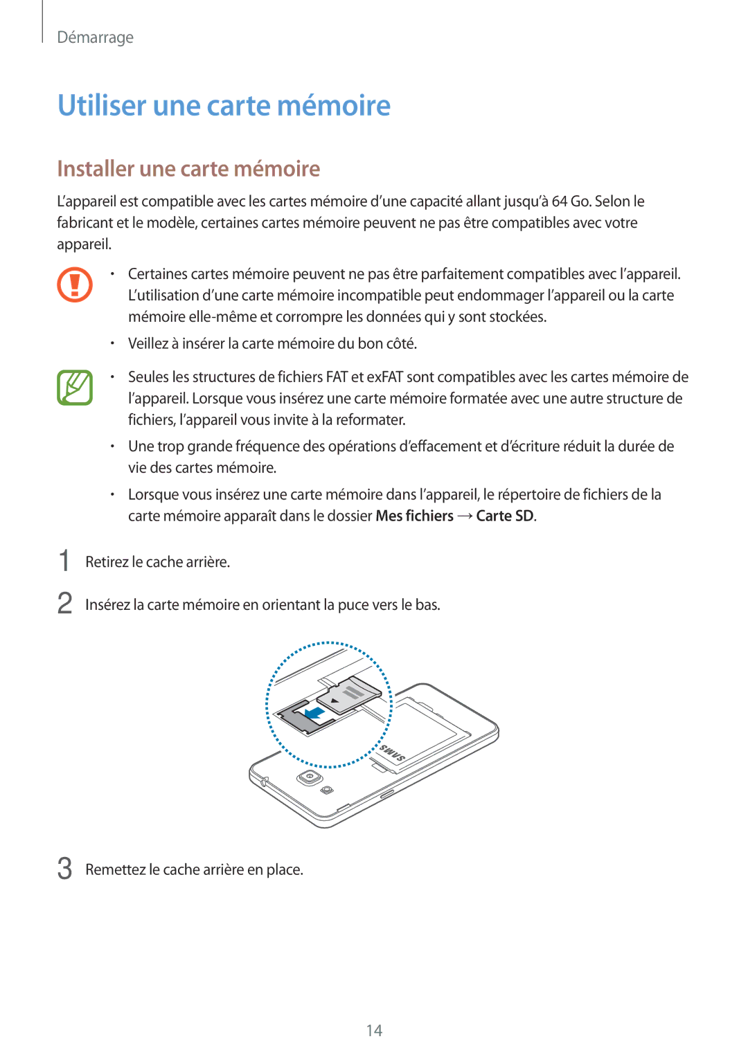 Samsung SM-G530FZAABOG, SM-G530FZDAXEF, SM-G530FZWAVGF manual Utiliser une carte mémoire, Installer une carte mémoire 