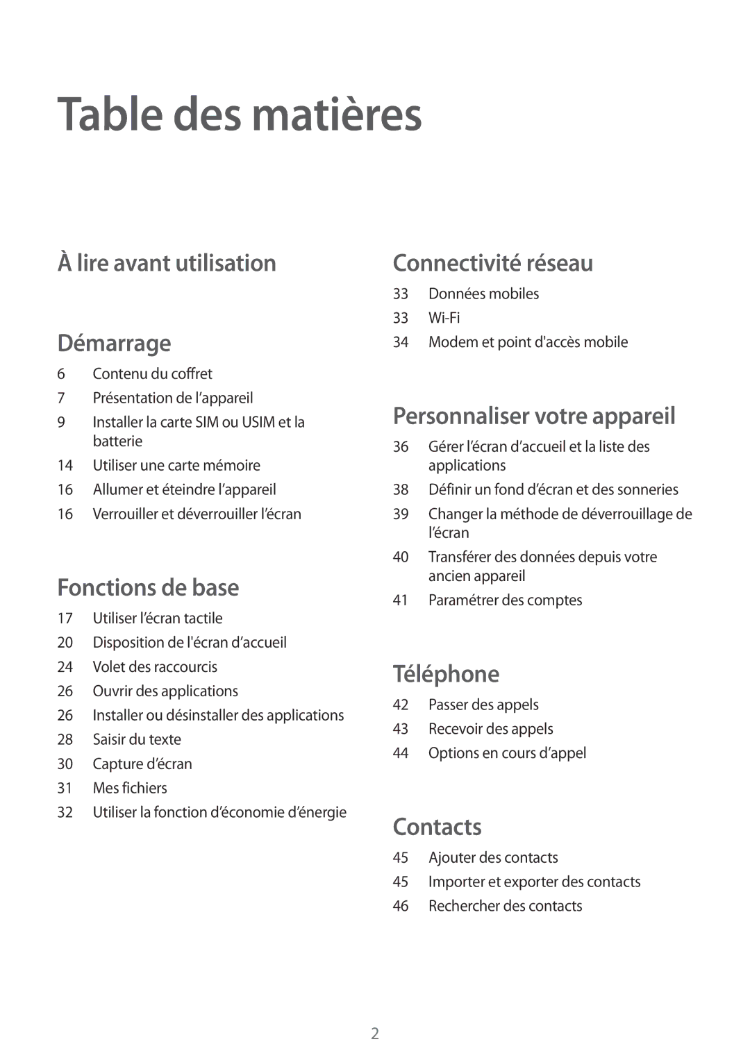 Samsung SM-G530FZAAXEF, SM-G530FZDAXEF, SM-G530FZWAVGF, SM-G530FZAABOG Table des matières, Lire avant utilisation Démarrage 