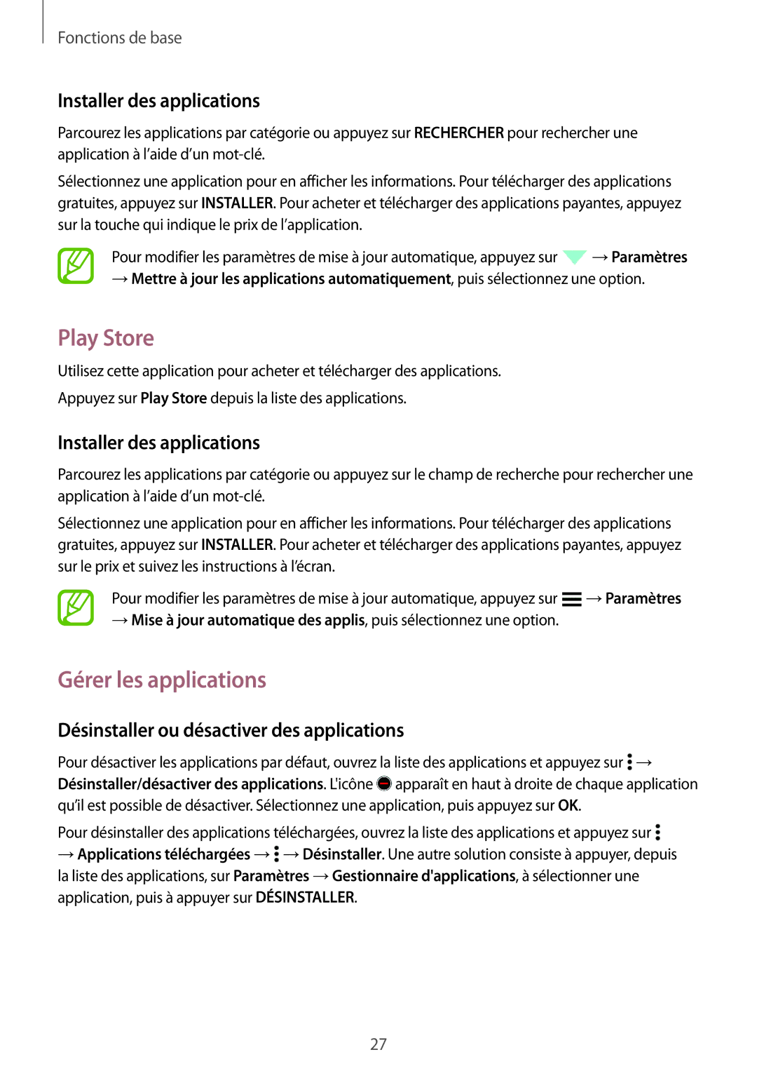 Samsung SM-G530FZWABOG, SM-G530FZDAXEF, SM-G530FZWAVGF manual Play Store, Gérer les applications, Installer des applications 