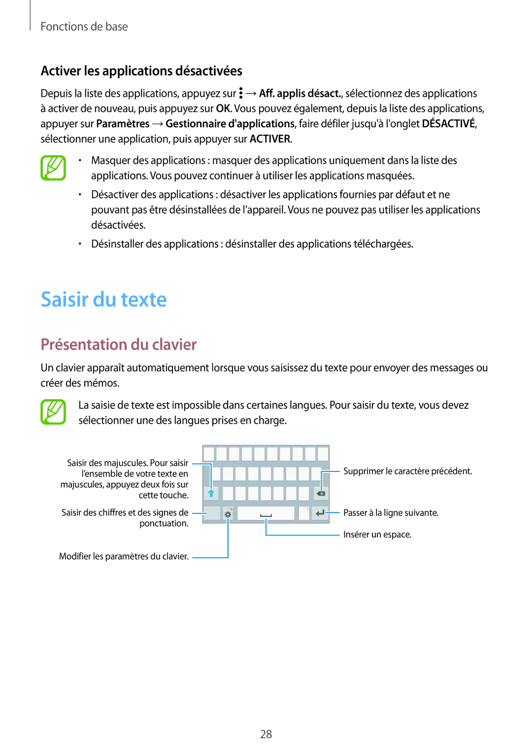 Samsung SM-G530FZAAVGF, SM-G530FZDAXEF manual Saisir du texte, Présentation du clavier, Activer les applications désactivées 