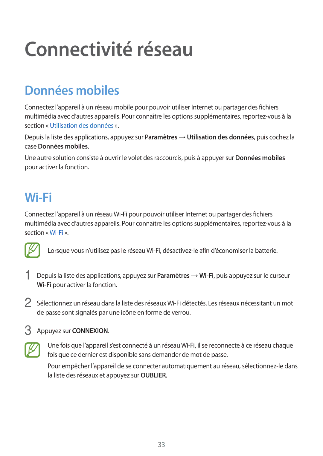 Samsung SM-G530FZDAXEF, SM-G530FZWAVGF, SM-G530FZAAXEF, SM-G530FZAABOG manual Connectivité réseau, Données mobiles, Wi-Fi 