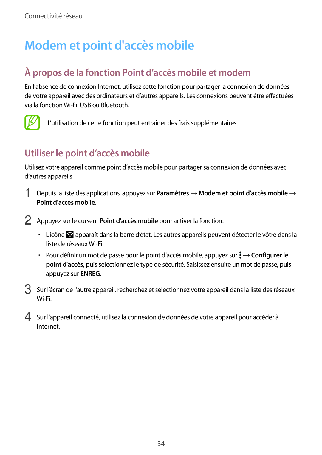 Samsung SM-G530FZWAVGF, SM-G530FZDAXEF Modem et point daccès mobile, Propos de la fonction Point d’accès mobile et modem 