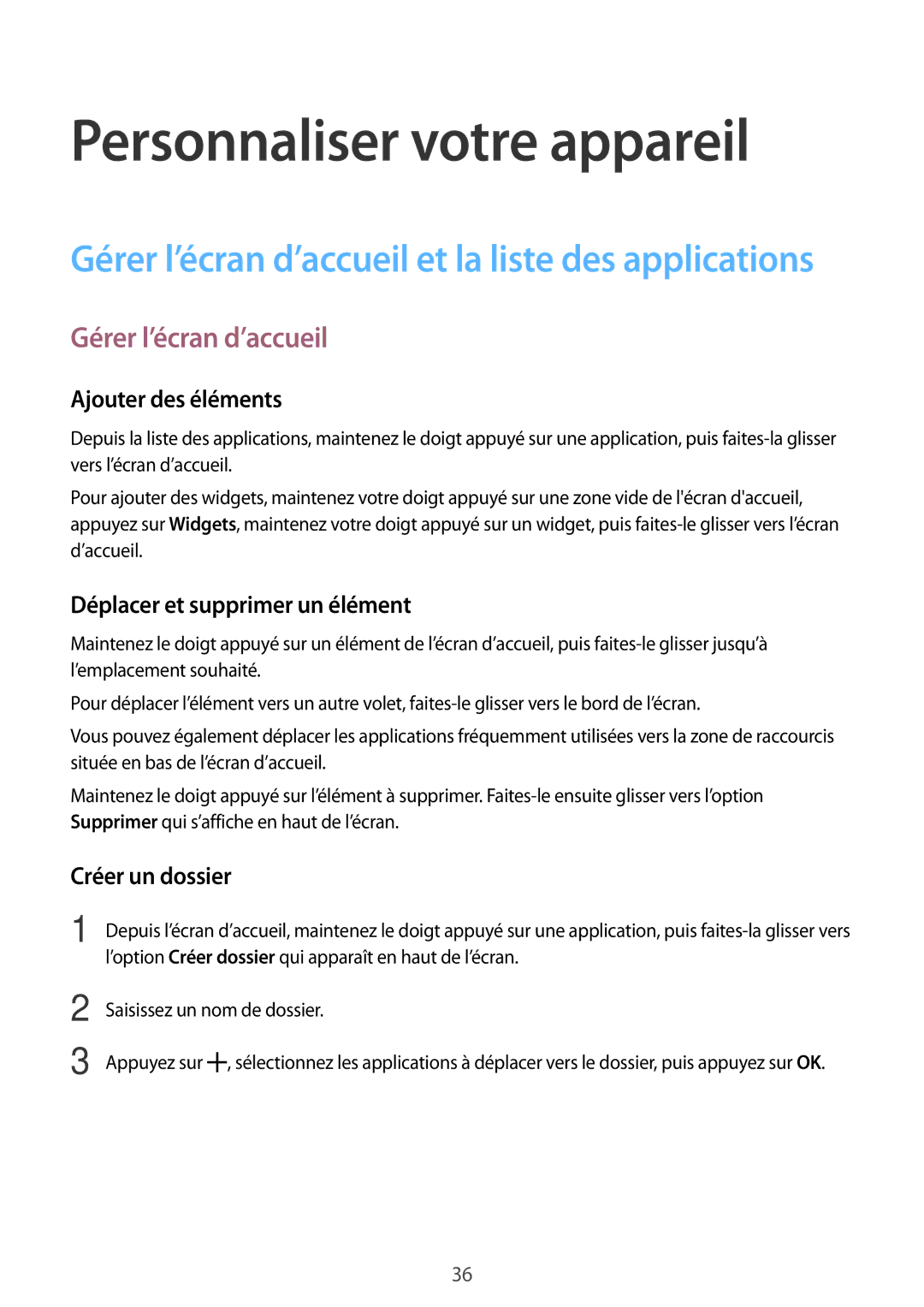 Samsung SM-G530FZAABOG manual Personnaliser votre appareil, Gérer l’écran d’accueil, Ajouter des éléments, Créer un dossier 