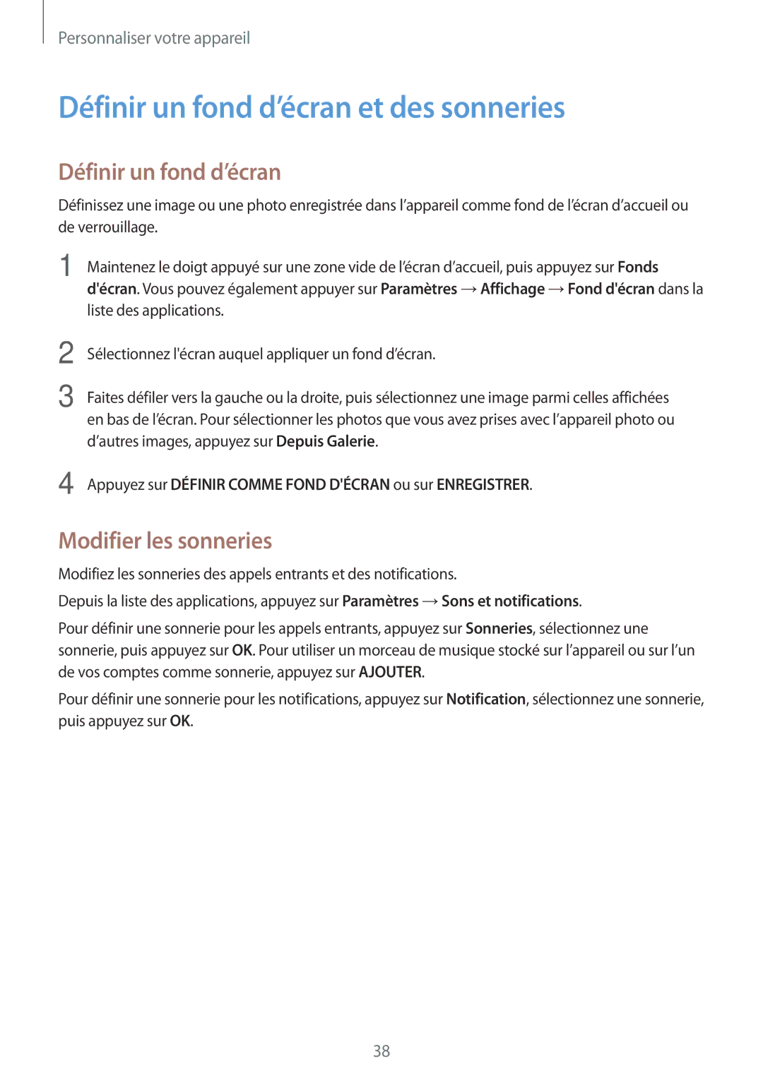 Samsung SM-G530FZWABOG, SM-G530FZDAXEF, SM-G530FZWAVGF Définir un fond d’écran et des sonneries, Modifier les sonneries 