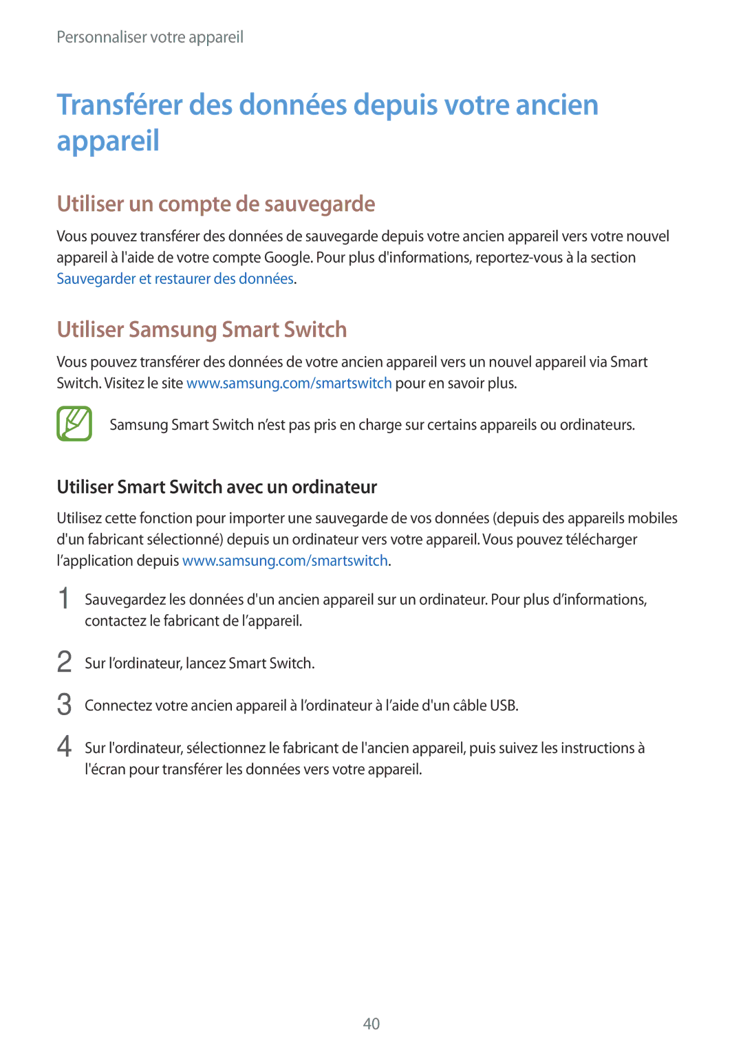 Samsung SM-G530FZWASFR manual Transférer des données depuis votre ancien appareil, Utiliser un compte de sauvegarde 