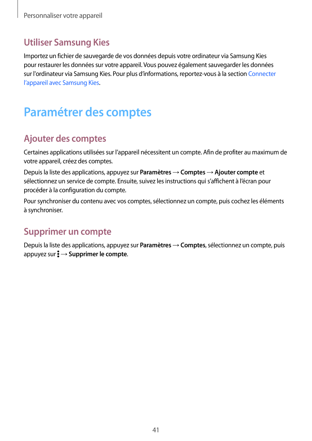 Samsung SM-G530FZAASFR manual Paramétrer des comptes, Utiliser Samsung Kies, Ajouter des comptes, Supprimer un compte 