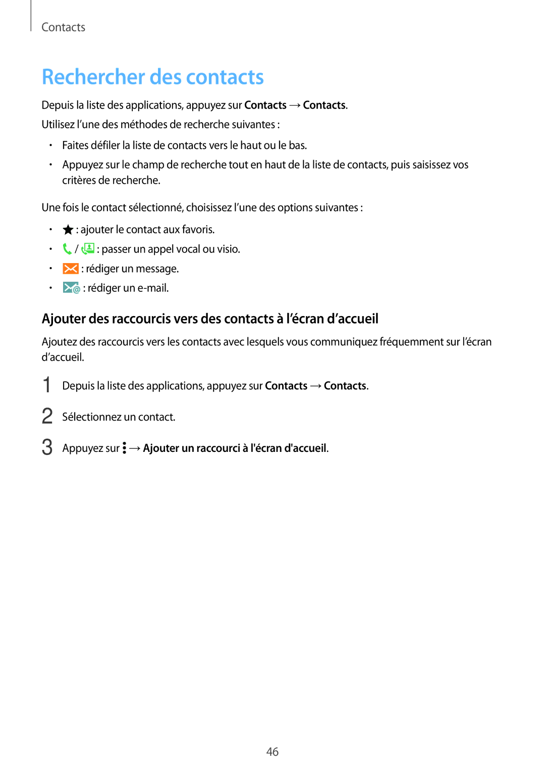 Samsung SM-G530FZAAXEF, SM-G530FZDAXEF manual Rechercher des contacts, Appuyez sur →Ajouter un raccourci à lécran daccueil 