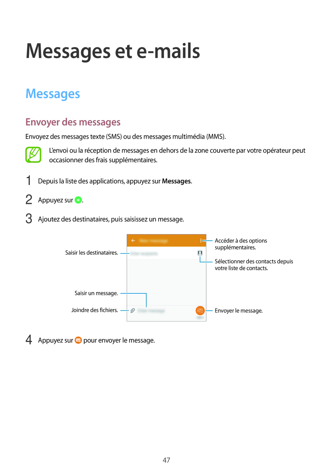 Samsung SM-G530FZAABOG, SM-G530FZDAXEF, SM-G530FZWAVGF, SM-G530FZAAXEF manual Messages et e-mails, Envoyer des messages 