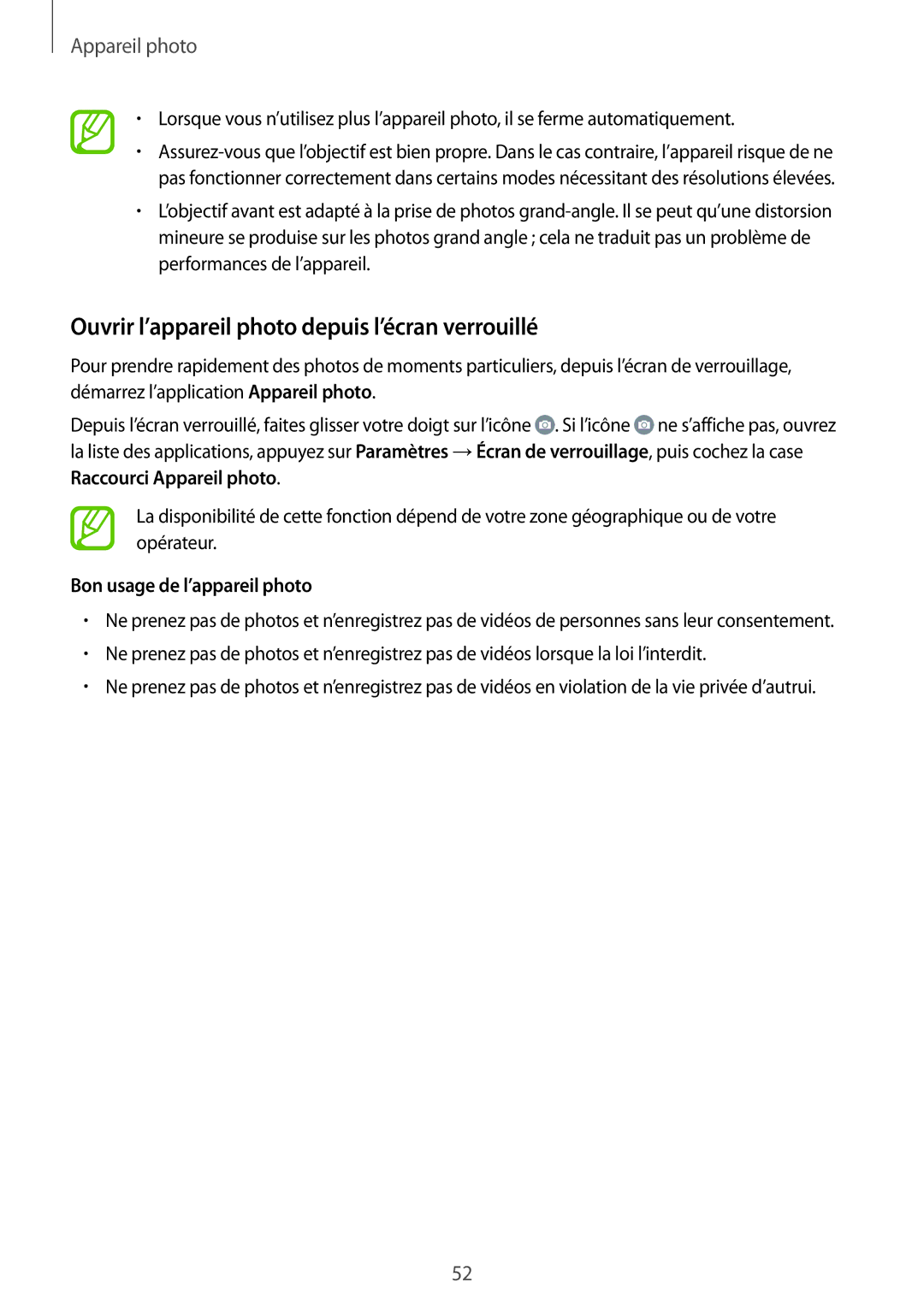 Samsung SM-G530FZAASFR, SM-G530FZDAXEF Ouvrir l’appareil photo depuis l’écran verrouillé, Bon usage de l’appareil photo 
