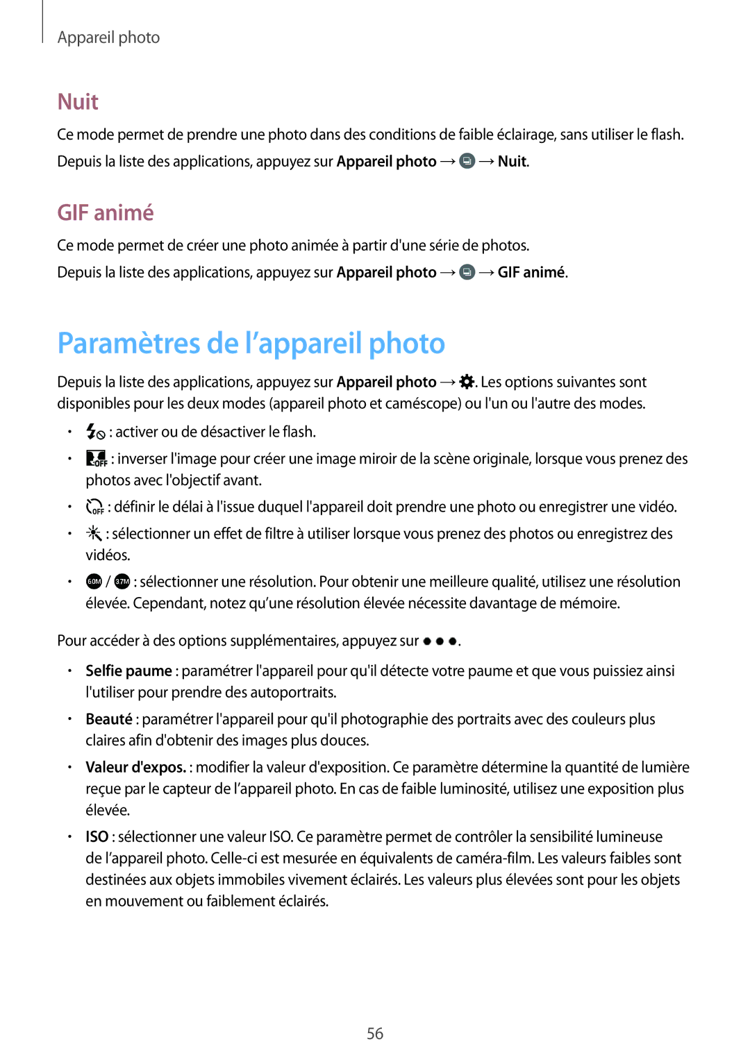 Samsung SM-G530FZWAVGF, SM-G530FZDAXEF, SM-G530FZAAXEF, SM-G530FZAABOG manual Paramètres de l’appareil photo, Nuit, GIF animé 