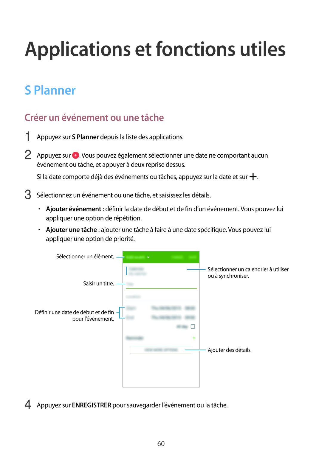 Samsung SM-G530FZWABOG, SM-G530FZDAXEF, SM-G530FZWAVGF, SM-G530FZAAXEF manual Planner, Créer un événement ou une tâche 