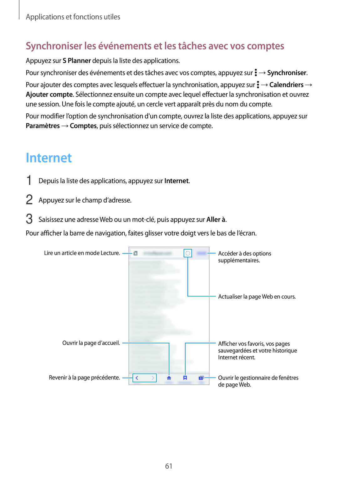 Samsung SM-G530FZAAVGF, SM-G530FZDAXEF, SM-G530FZWAVGF Internet, Synchroniser les événements et les tâches avec vos comptes 