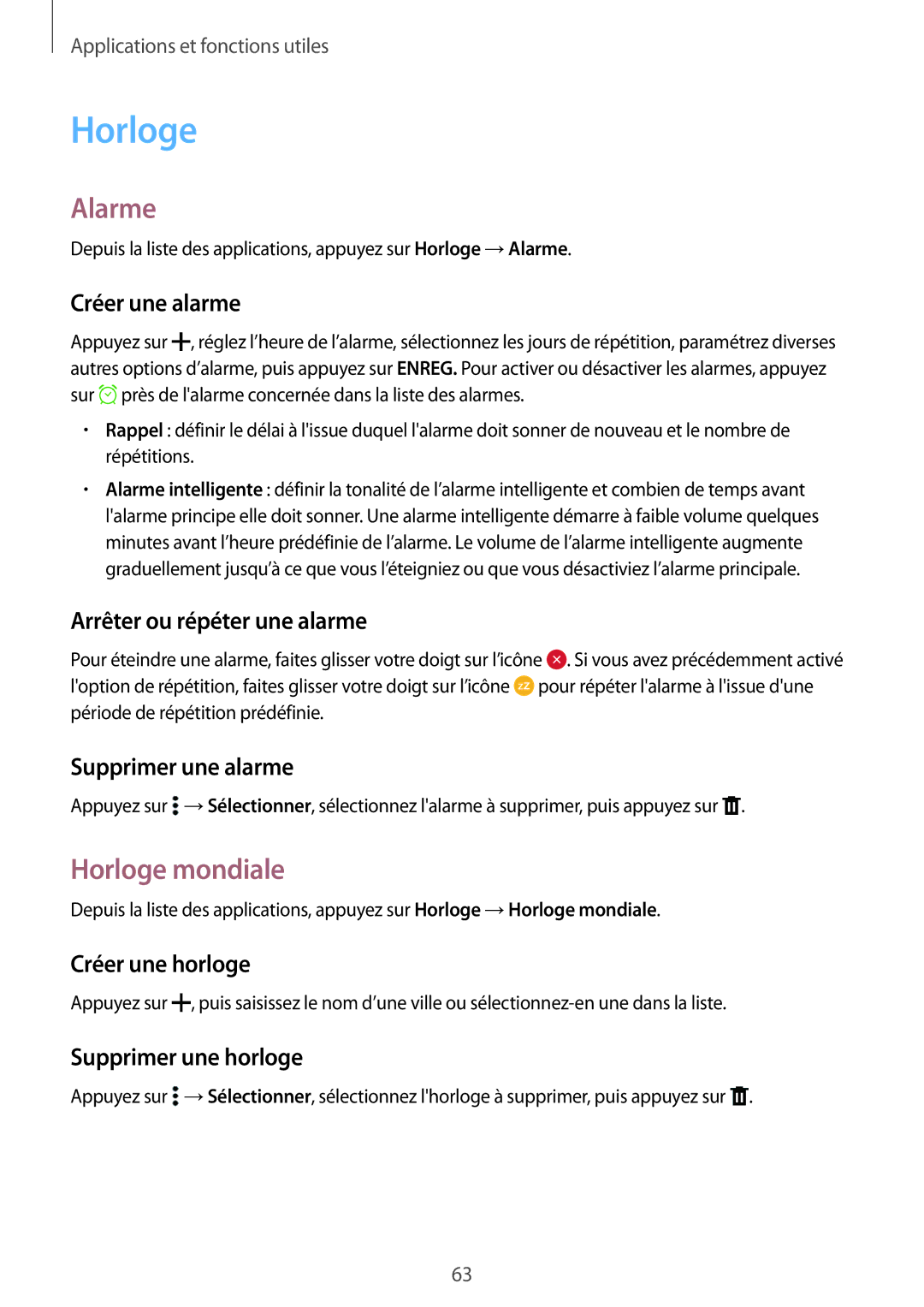 Samsung SM-G530FZAASFR, SM-G530FZDAXEF, SM-G530FZWAVGF, SM-G530FZAAXEF, SM-G530FZAABOG manual Alarme, Horloge mondiale 