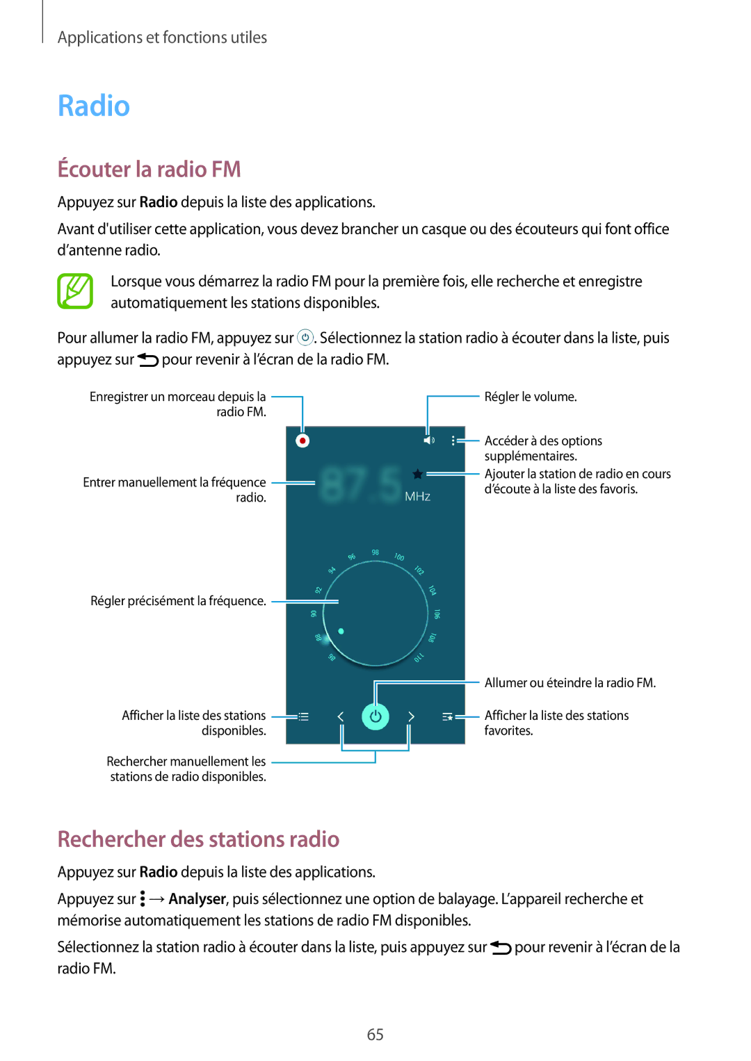 Samsung SM-G530FZWAXEF, SM-G530FZDAXEF, SM-G530FZWAVGF manual Radio, Écouter la radio FM, Rechercher des stations radio 