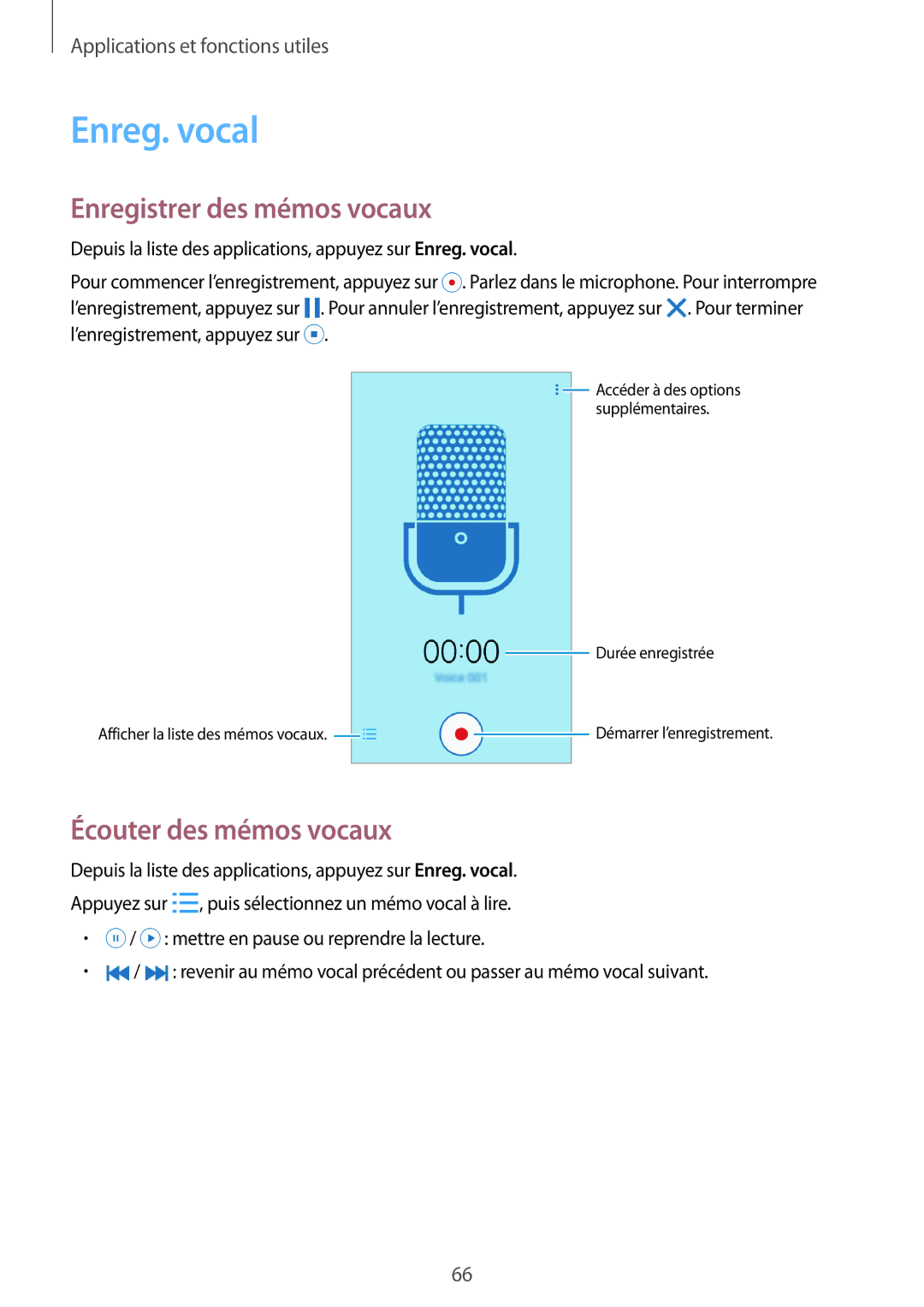 Samsung SM-G530FZDAXEF, SM-G530FZWAVGF, SM-G530FZAAXEF Enreg. vocal, Enregistrer des mémos vocaux, Écouter des mémos vocaux 