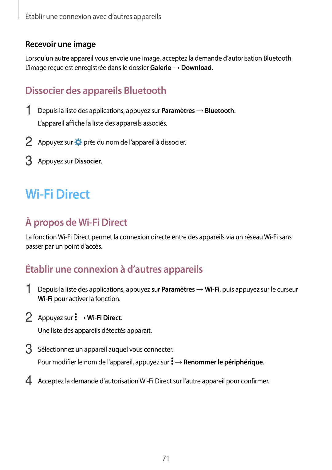 Samsung SM-G530FZWABOG, SM-G530FZDAXEF Dissocier des appareils Bluetooth, Propos de Wi-Fi Direct, Recevoir une image 