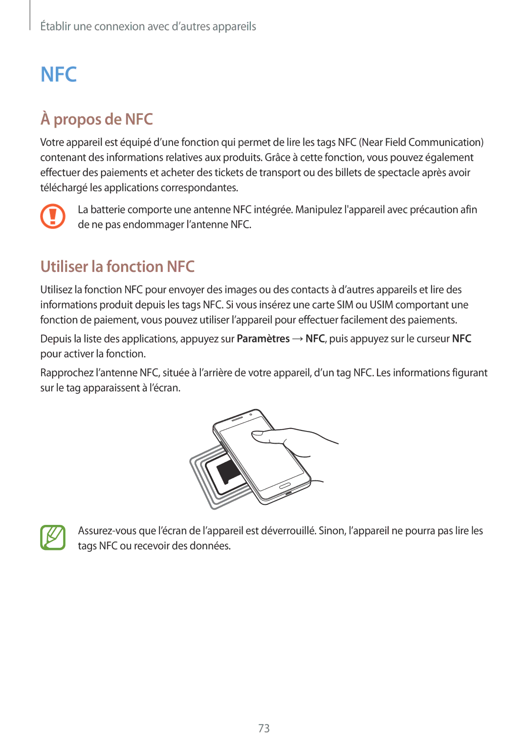 Samsung SM-G530FZWASFR, SM-G530FZDAXEF, SM-G530FZWAVGF, SM-G530FZAAXEF manual Propos de NFC, Utiliser la fonction NFC 