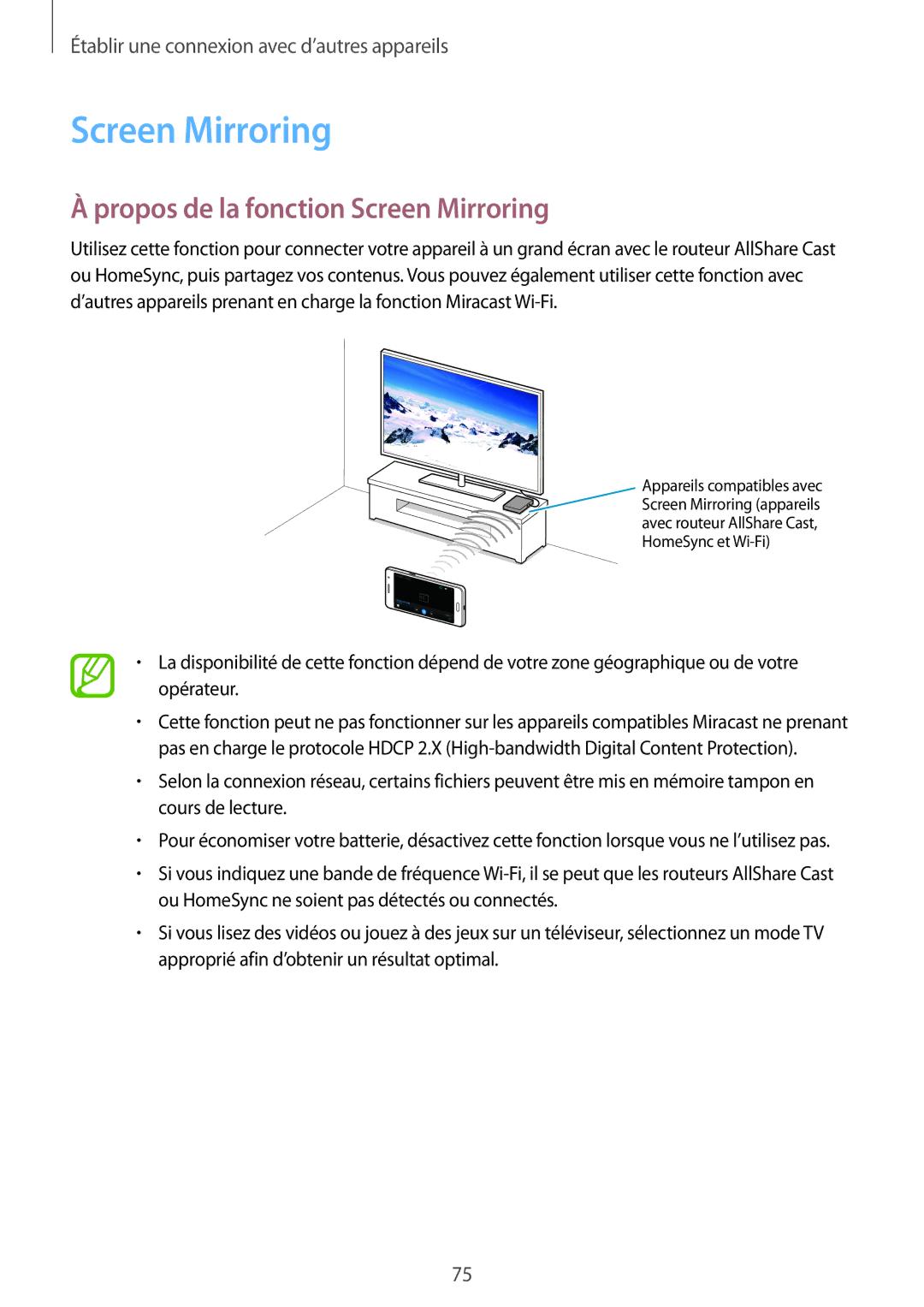 Samsung SM-G530FZAAFTM, SM-G530FZDAXEF, SM-G530FZWAVGF, SM-G530FZAAXEF manual Propos de la fonction Screen Mirroring 