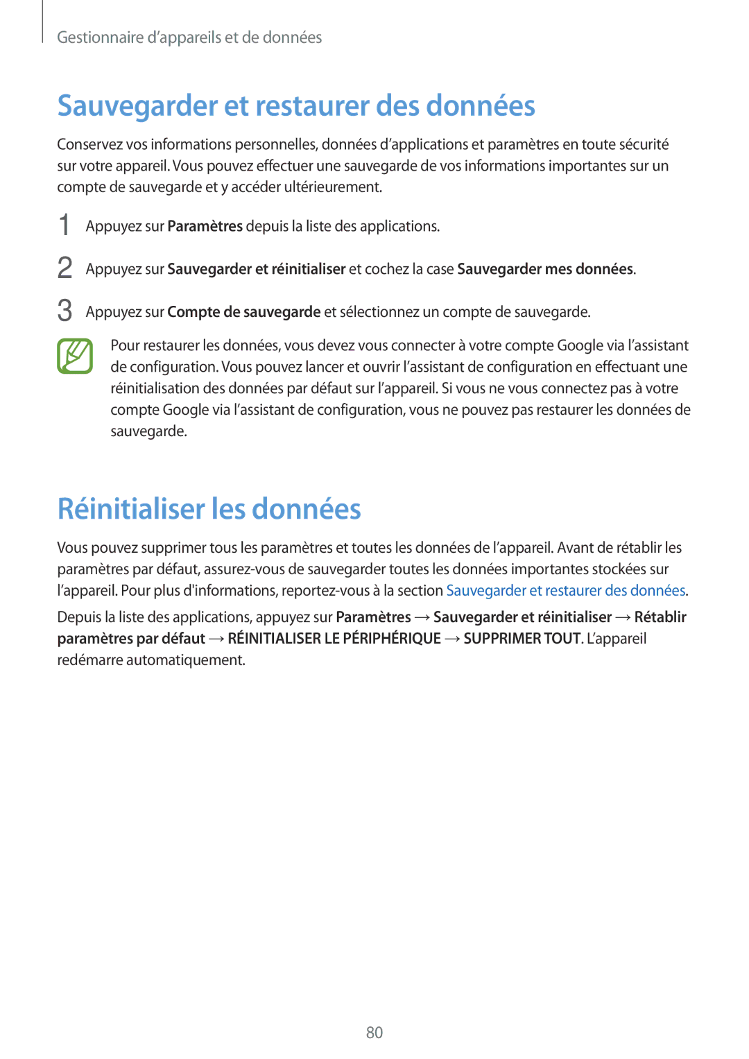 Samsung SM-G530FZAABOG, SM-G530FZDAXEF, SM-G530FZWAVGF manual Sauvegarder et restaurer des données, Réinitialiser les données 