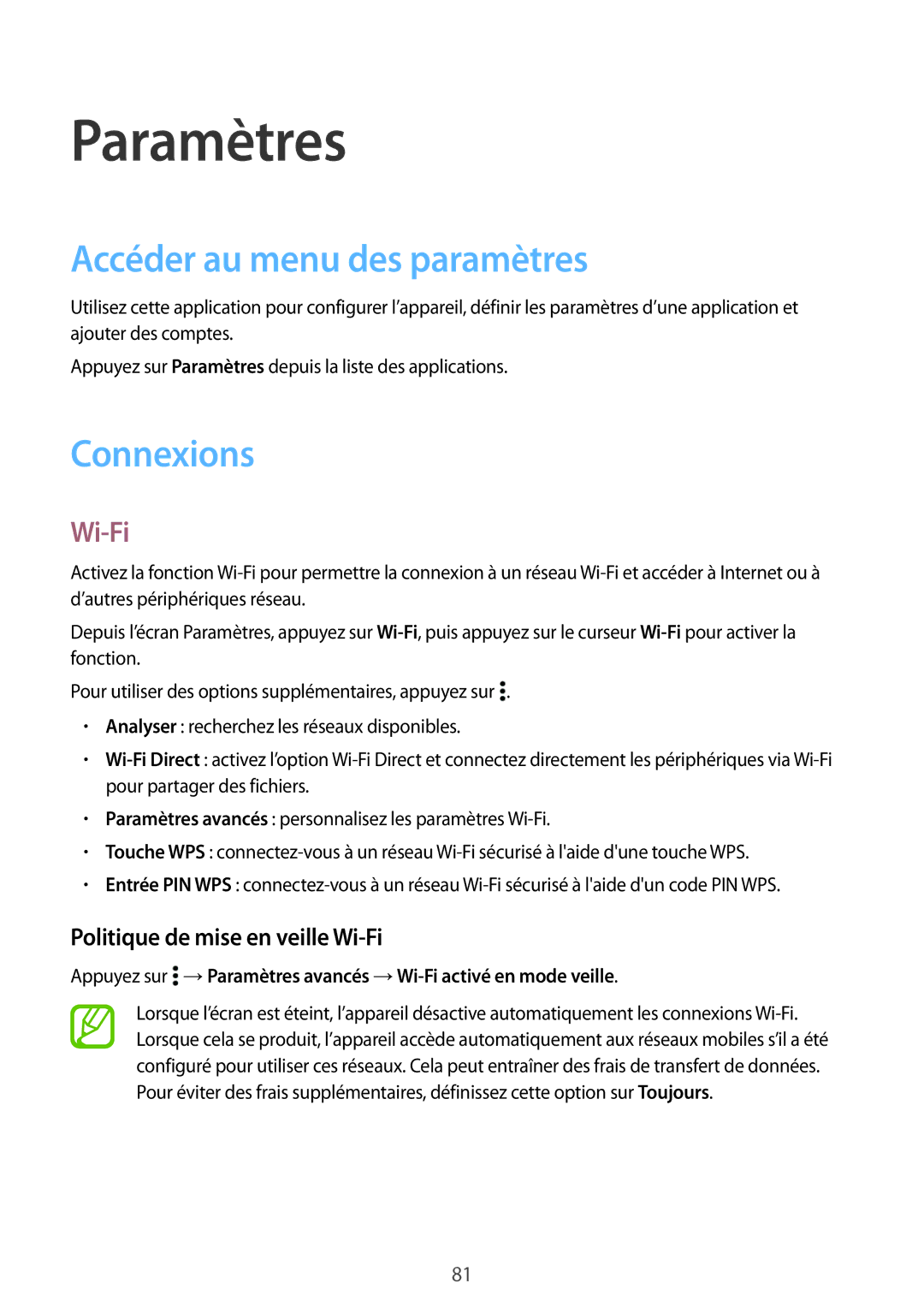 Samsung SM-G530FZWAFTM manual Paramètres, Accéder au menu des paramètres, Connexions, Politique de mise en veille Wi-Fi 