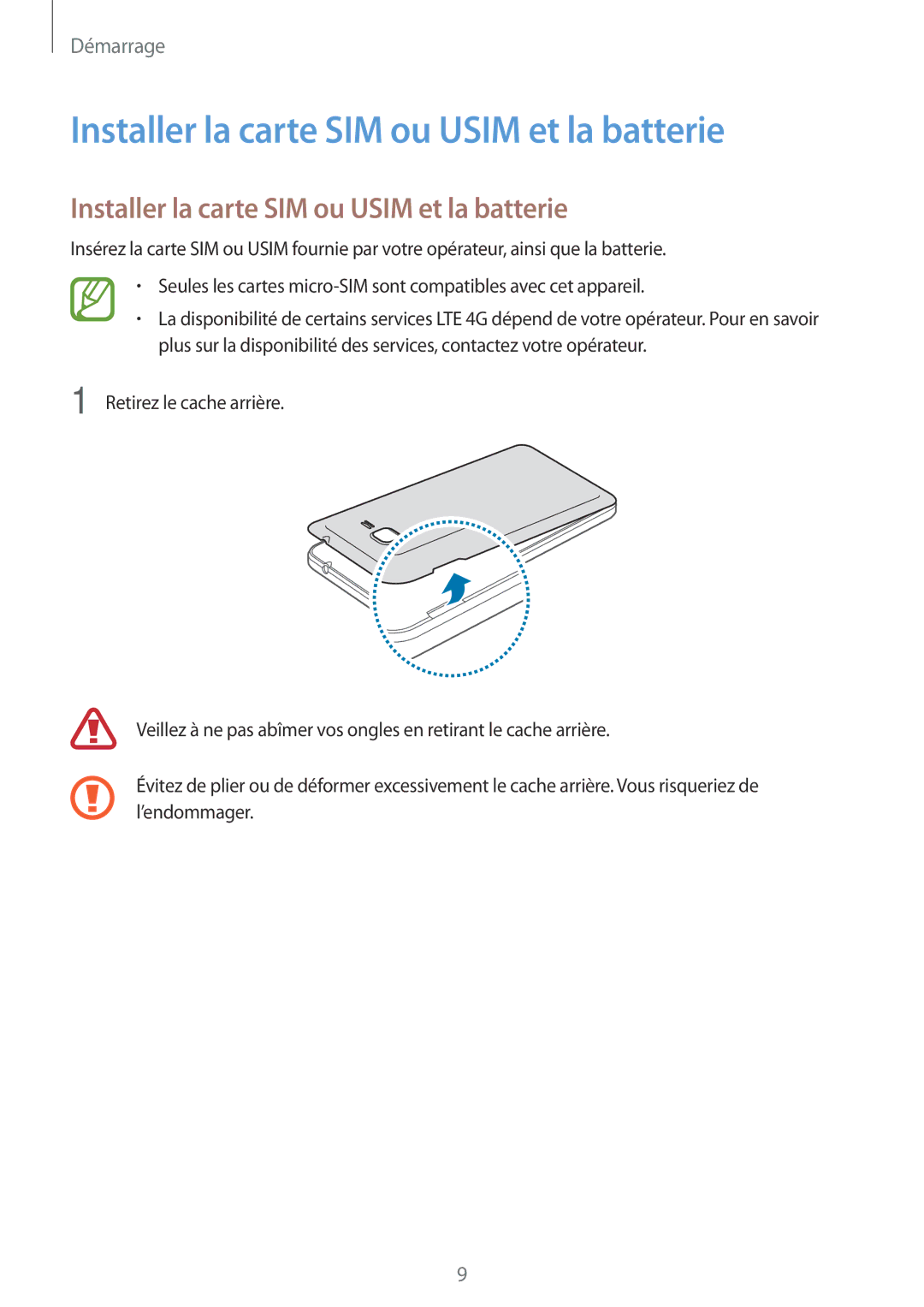 Samsung SM-G530FZAAFTM, SM-G530FZDAXEF, SM-G530FZWAVGF, SM-G530FZAAXEF manual Installer la carte SIM ou Usim et la batterie 