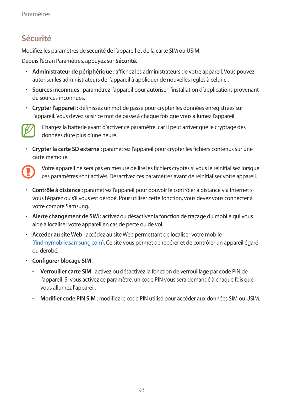 Samsung SM-G530FZWABOG, SM-G530FZDAXEF, SM-G530FZWAVGF, SM-G530FZAAXEF, SM-G530FZAABOG manual Sécurité, Configurer blocage SIM 