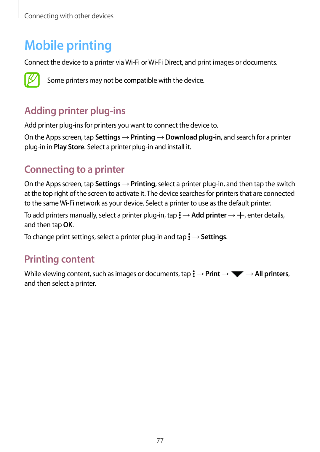 Samsung SM-G530FZAATPH, SM-G530FZWAOPT Mobile printing, Adding printer plug-ins, Connecting to a printer, Printing content 