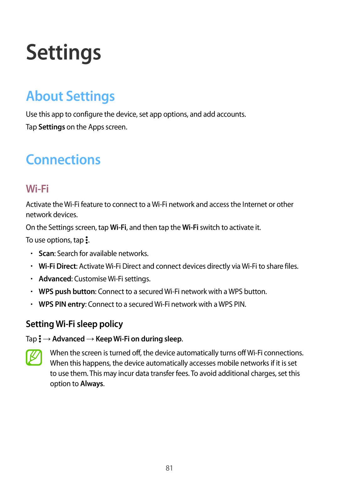 Samsung SM-G530FZWATCL, SM-G530FZWAOPT, SM-G530FZAATCL manual About Settings, Connections, Setting Wi-Fi sleep policy 